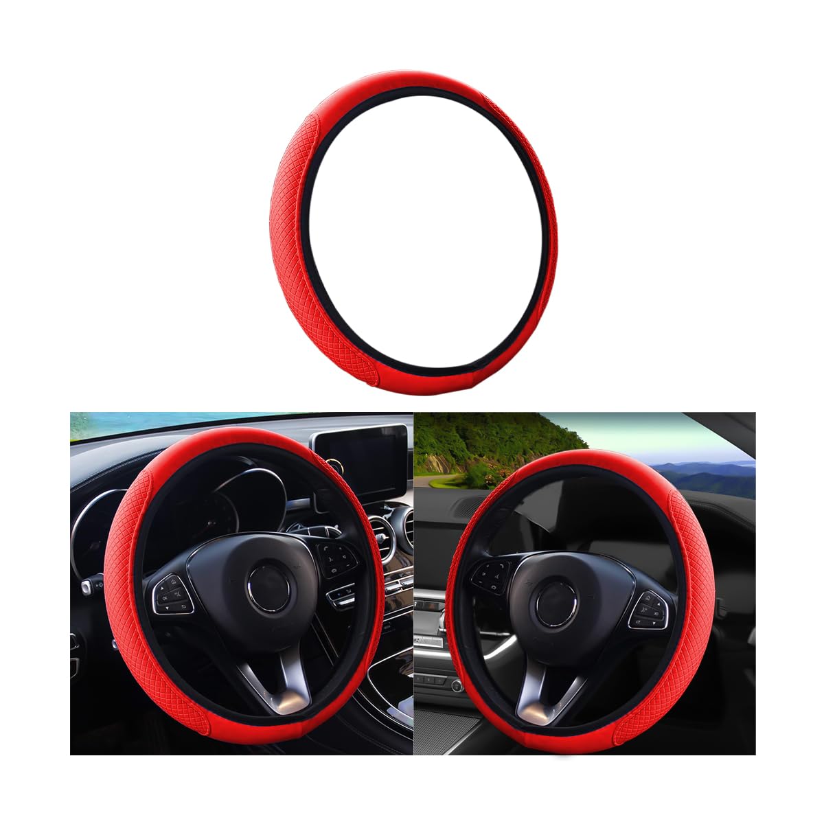 Premium Leather Car Steering Wheel Cover - Elastic, Breathable & Anti-Slip - Universal 15 Inch Fit - for Men & Women (Red) - Perfect for Daily Commuting, Road Trips & Enhanced Driving Comfort