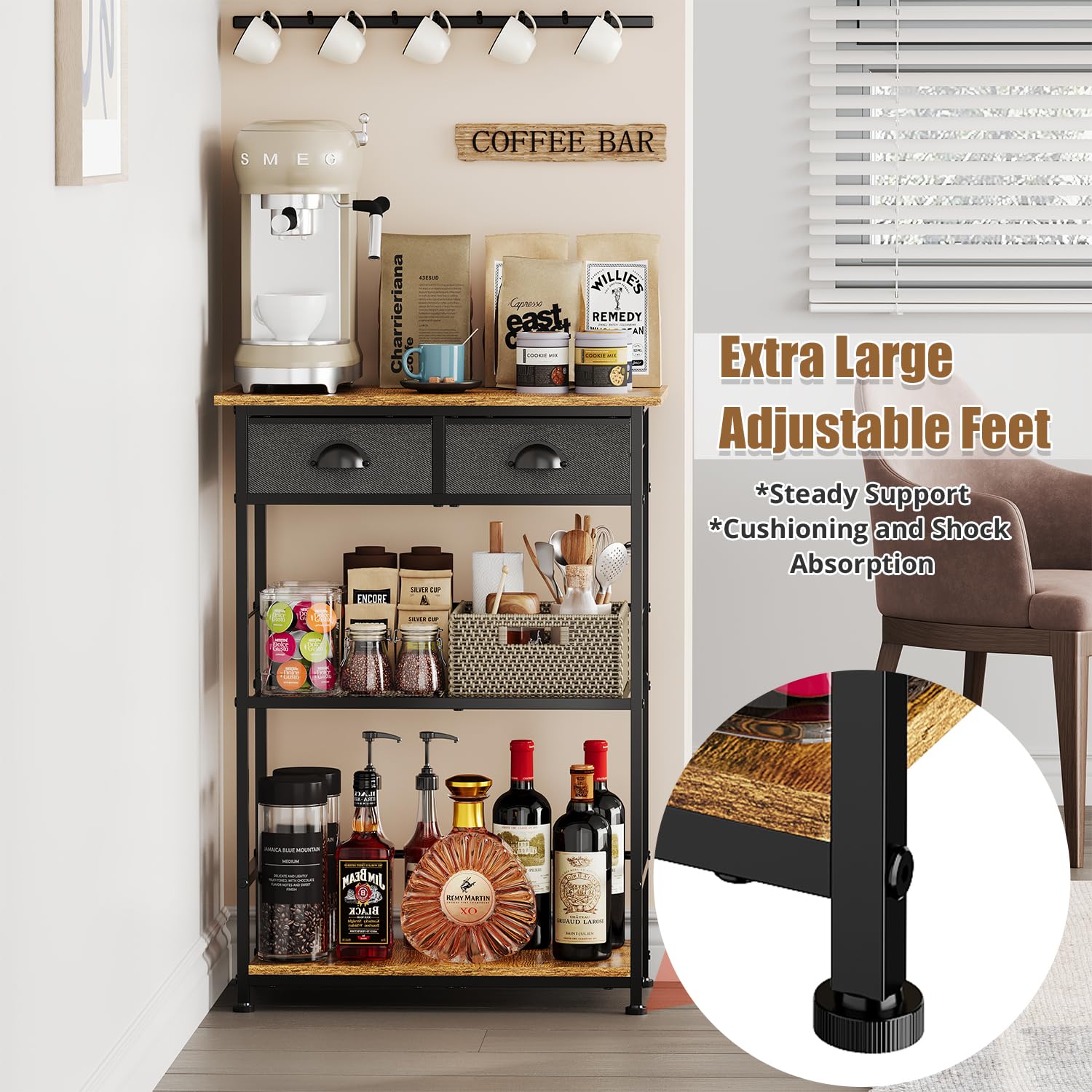 Farmhouse Style 3-Tier Coffee Bar Stand with 2 Storage Drawers - Large Capacity Coffee Station Organizer Cabinet for Kitchen, Living Room & Entryway - Perfect for Espresso Machines, Mugs & Coffee Accessories Storage