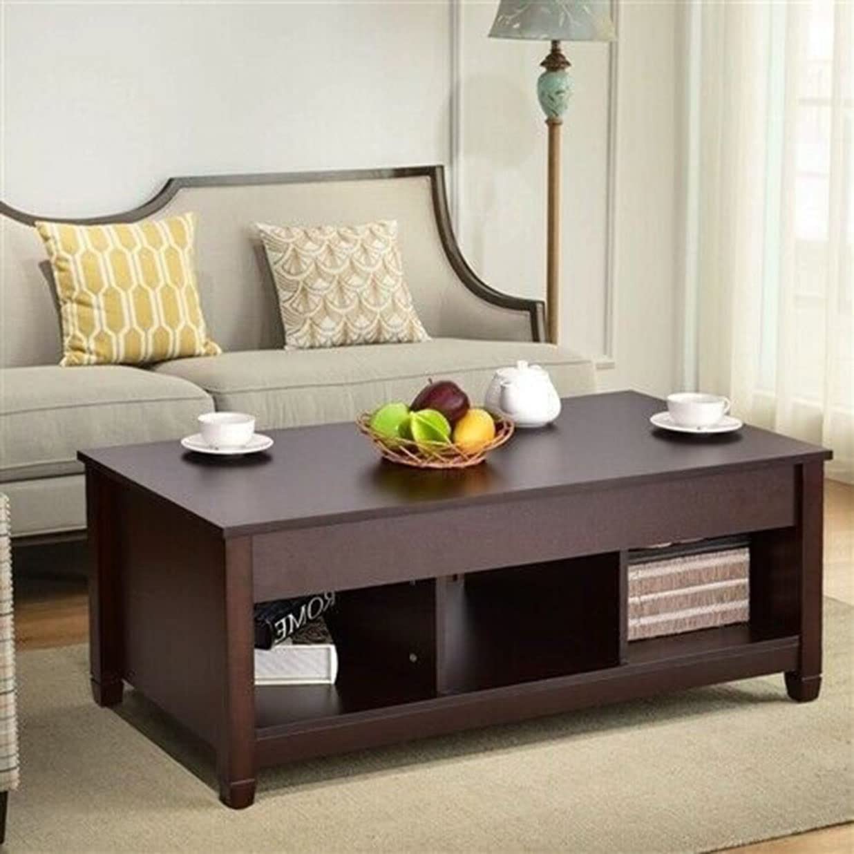 Lift Top Coffee Table with Hidden Storage - Adjustable Height Brown Wood Coffee Table for Living Room, Home Office & Small Spaces - Convertible Desk & Storage Ottoman
