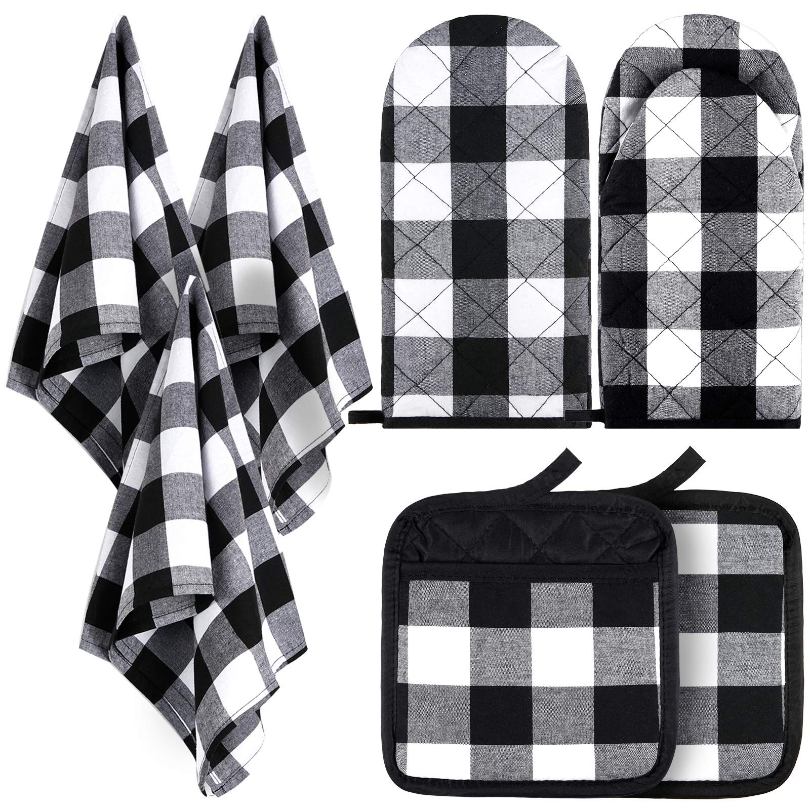 7-Piece Buffalo Check Kitchen Set - Cotton Plaid Dish Towels, Non-Slip Heat Resistant Oven Mitts & Pot Holders for Cooking, Baking, Grilling (Black & White) - Perfect for Holiday Decor & Rustic Farmhouse Kitchens