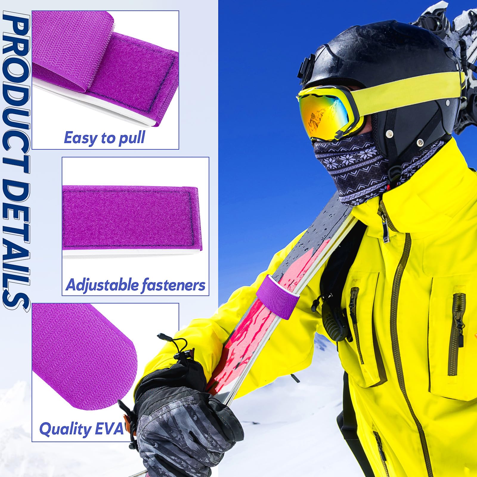 12pcs Adjustable Ski Straps - Heavy Duty Hook & Loop Fasteners with EVA Protector Pads for Ski Equipment, Snowboard, and Winter Sports Gear - Perfect for Carrying Skis, Poles, and Snowboards During Travel or Storage