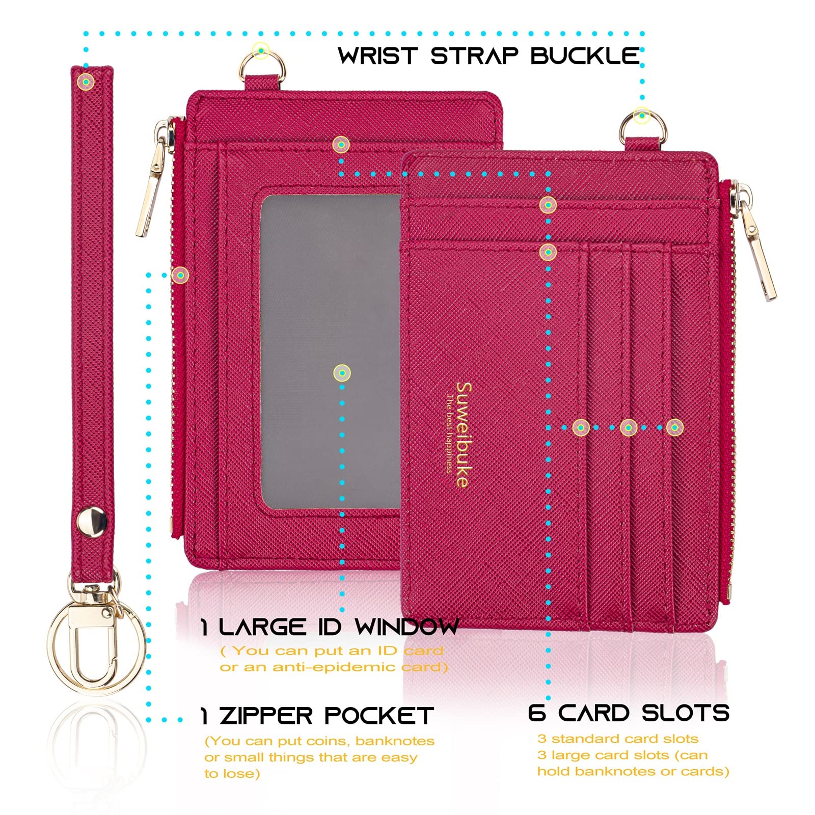 Wikavanli Women's Slim RFID Blocking Leather Wallet - Credit Card Holder Wristlet with Keychain, Zip ID Case & Coin Purse (Rose Red) | Perfect for Travel, Shopping & Everyday Use