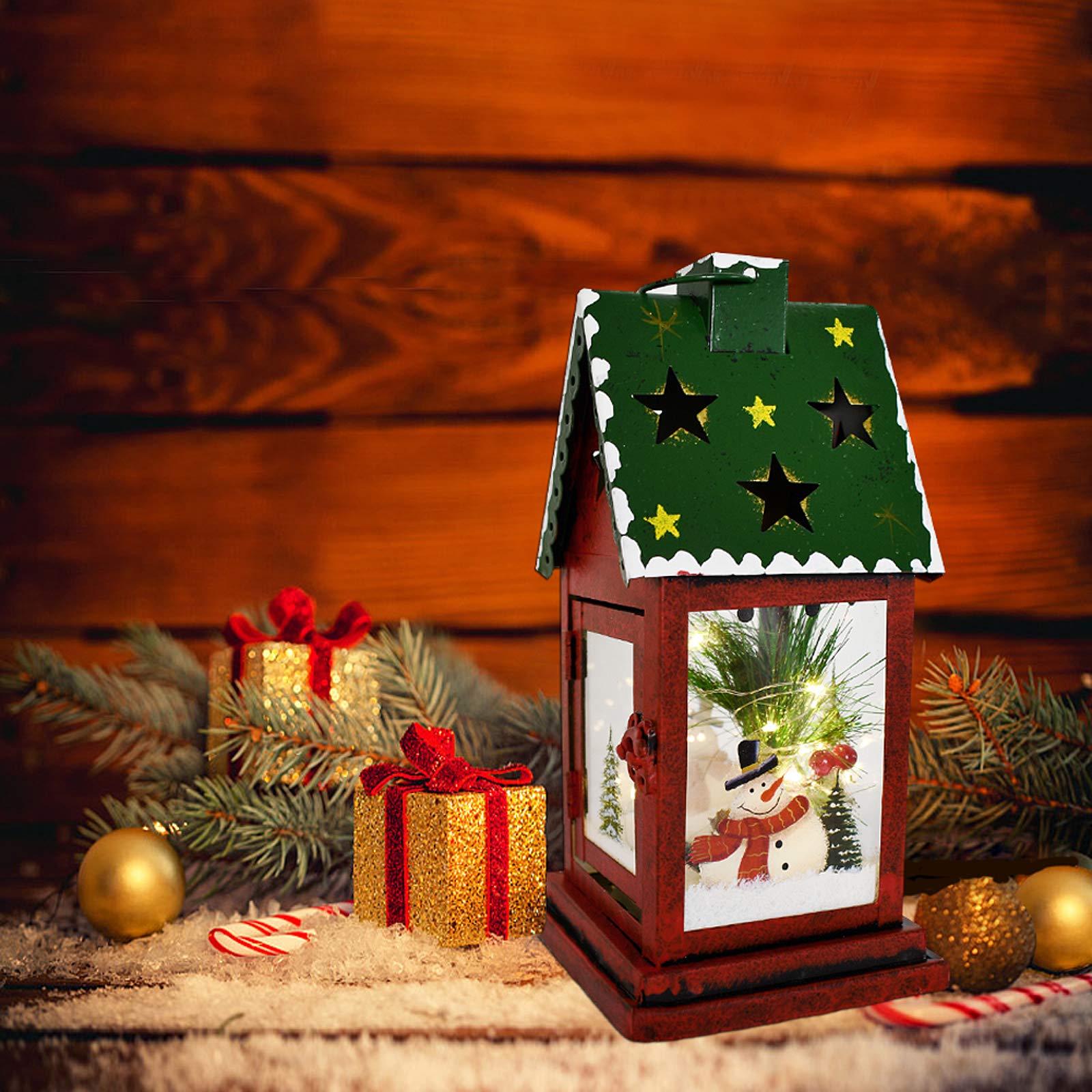 Rustic Metal LED Christmas Lantern Decor - Battery Operated Indoor/Outdoor Hanging & Tabletop Holiday Decorations (10x4.6x4.6 Inches, Green) | Perfect for Fireplace Mantel, Porch, Patio, Garden & Christmas Table Centerpiece