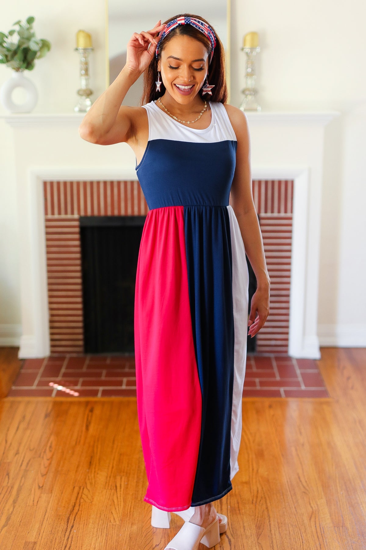 American Flag Color Block Fit & Flare Maxi Dress for Women - Perfect for 4th of July, Memorial Day & Patriotic Events