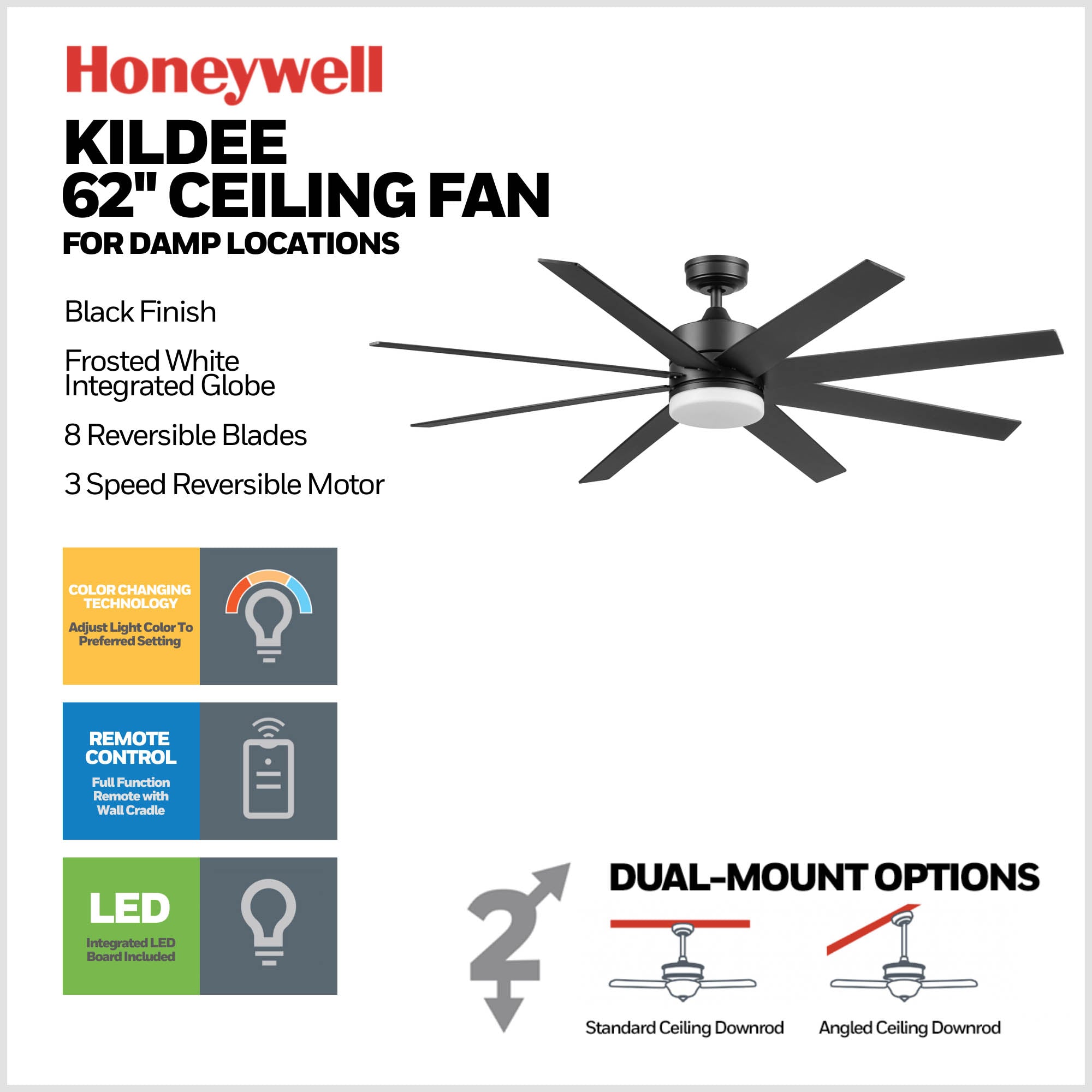 Honeywell 62 Inch Matte Black LED Ceiling Fan with Remote Control - Color Changing Light, Energy Efficient, Quiet DC Motor - Perfect for Bedroom, Living Room, and Outdoor Patio