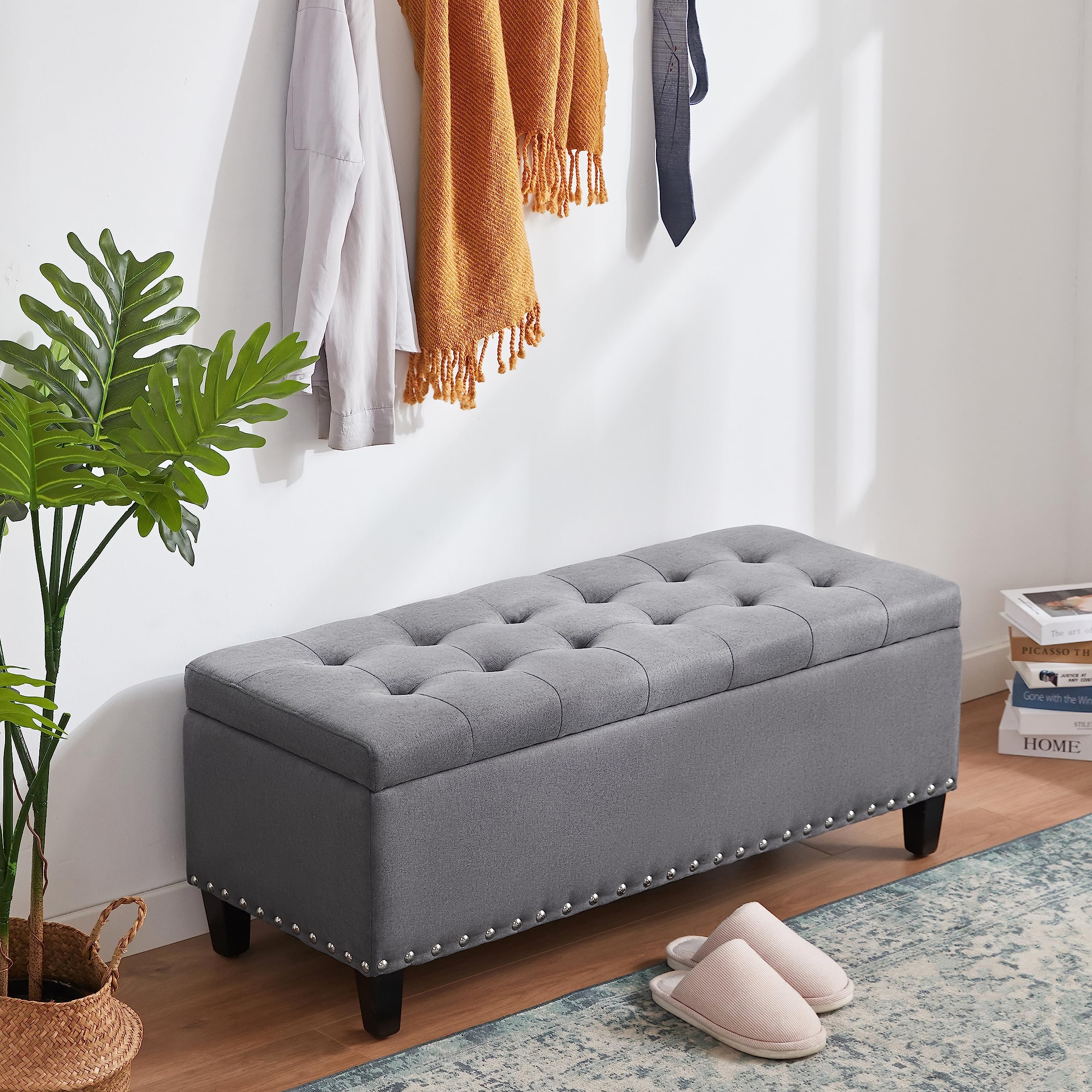 HUIMO 41-inch Upholstered Fabric Storage Ottoman Bench with Safety Hinge - Button-Tufted Design, Grey - Multi-Functional Footrest & Seat for Bedroom, Living Room, Entryway - Perfect as Bed End Bench, Coffee Table Alternative & Extra Storage Solution