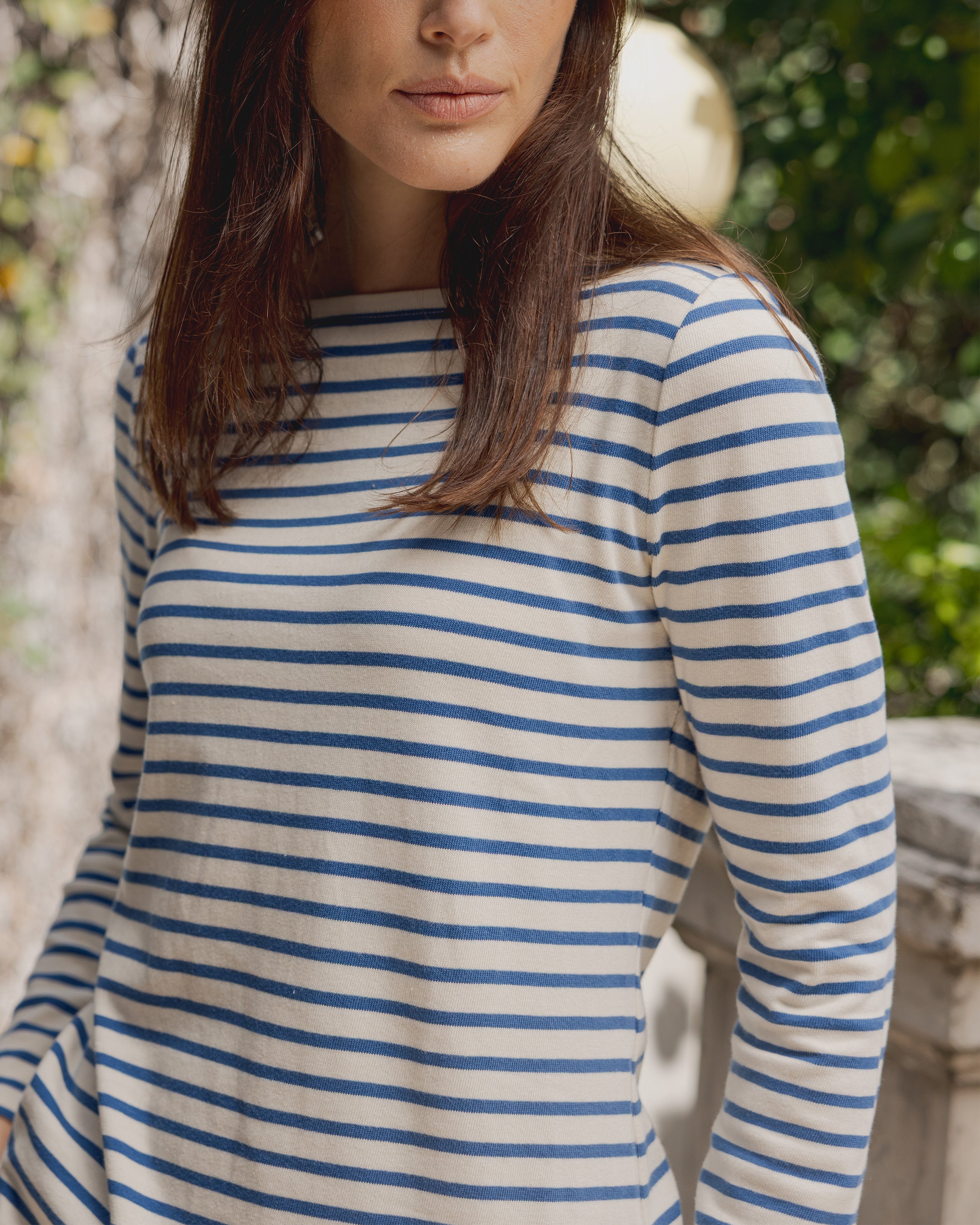 Women's Striped Boatneck T-Shirt - Off White & Atlantic Blue Breton Stripe Top | Casual Wear, Layering, Everyday Outfits