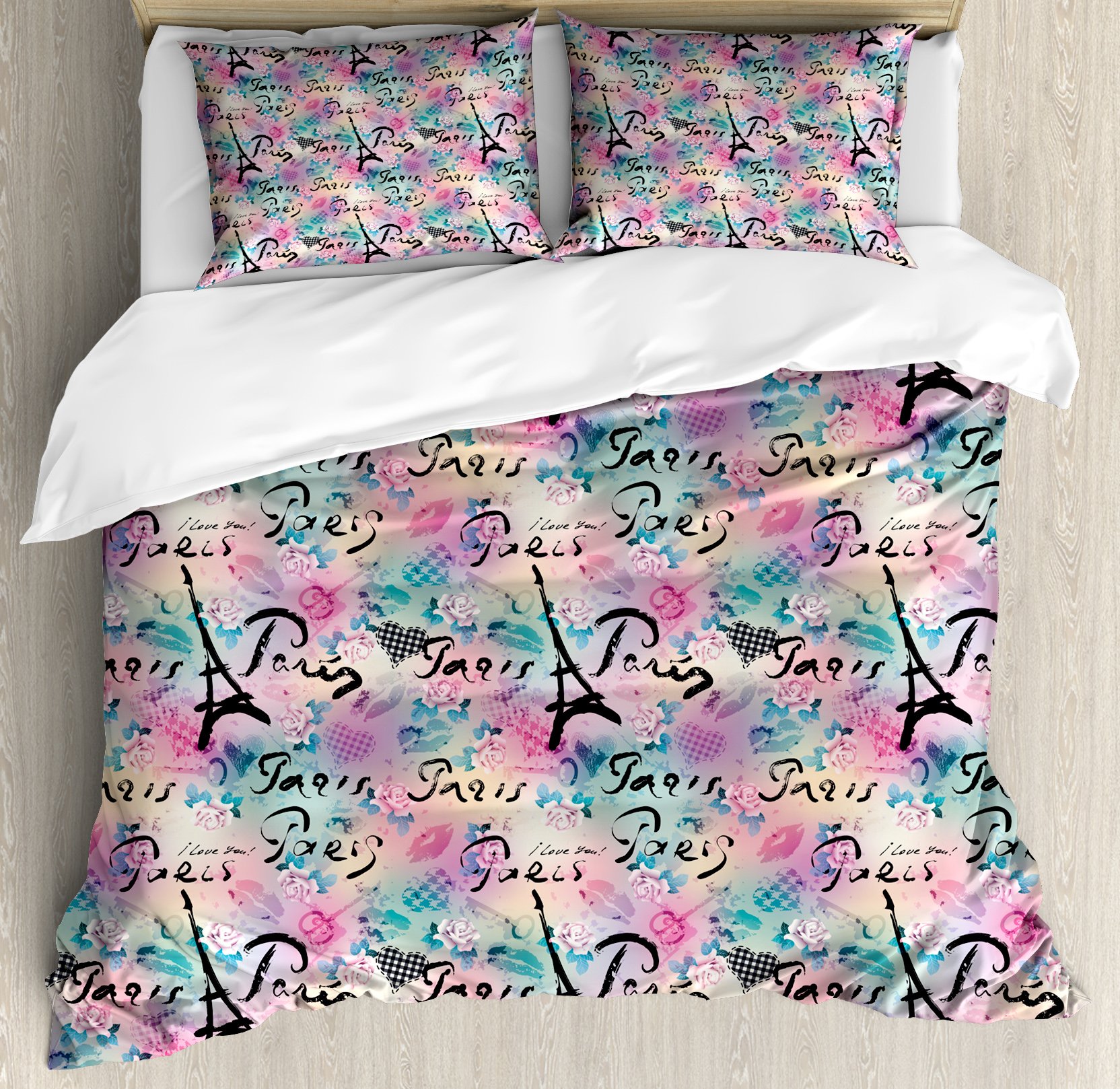 Ambesonne Paris Duvet Cover Set - French Floral Rose Checkered Hearts Romance Love Theme 3-Piece Bedding Set with 2 Pillow Shams, King Size in Pale Green & Sea Green | Elegant Bedroom Decor for Master Bedroom, Guest Room & Romantic Getaways