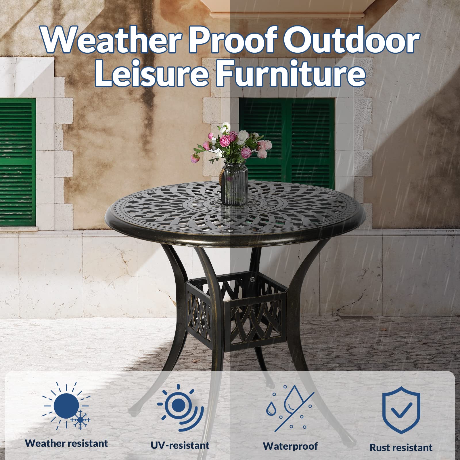 31 Inch Round Outdoor Dining Table - Bronze Cast Aluminum Patio Bistro Table with Umbrella Hole - Rustic Large Table for Backyard, Garden & Poolside Gatherings