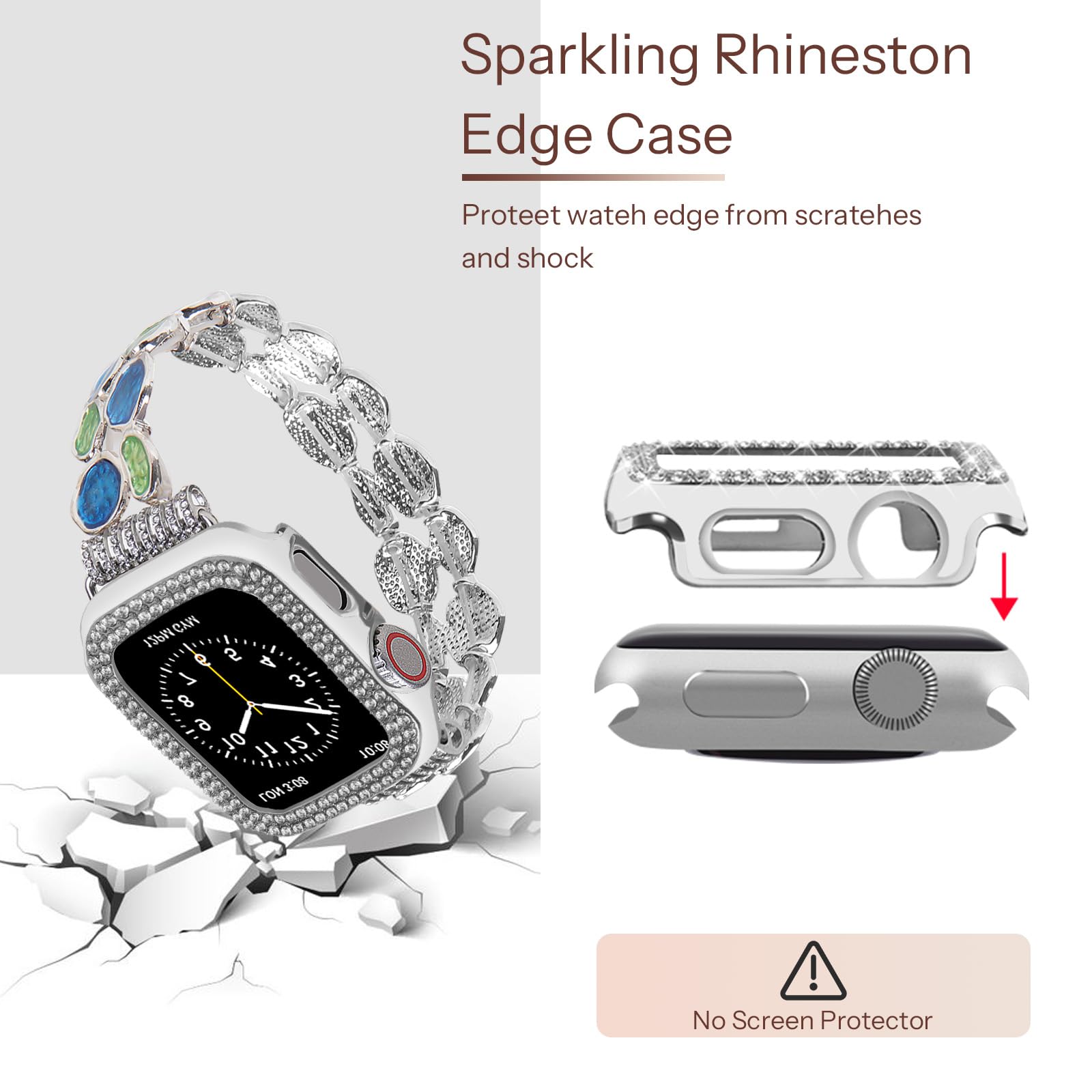 VIQIV Bling Stainless Steel Apple Watch Band for Women - Compatible with 38mm 40mm 41mm 42mm 44mm 45mm iWatch Series 9/8/7/6/5/4/3/2/1/SE - Elegant Dressy Bracelet with Case for Parties & Special Occasions