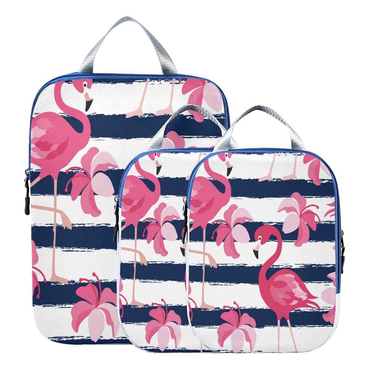 Blueangle Pink Flamingo Stripes Compression Packing Cubes for Travel - 3Pcs Expandable Suitcase Organizer Set, Lightweight Luggage Storage Bags | Perfect for Backpacking, Business Trips & Vacation Packing Organization