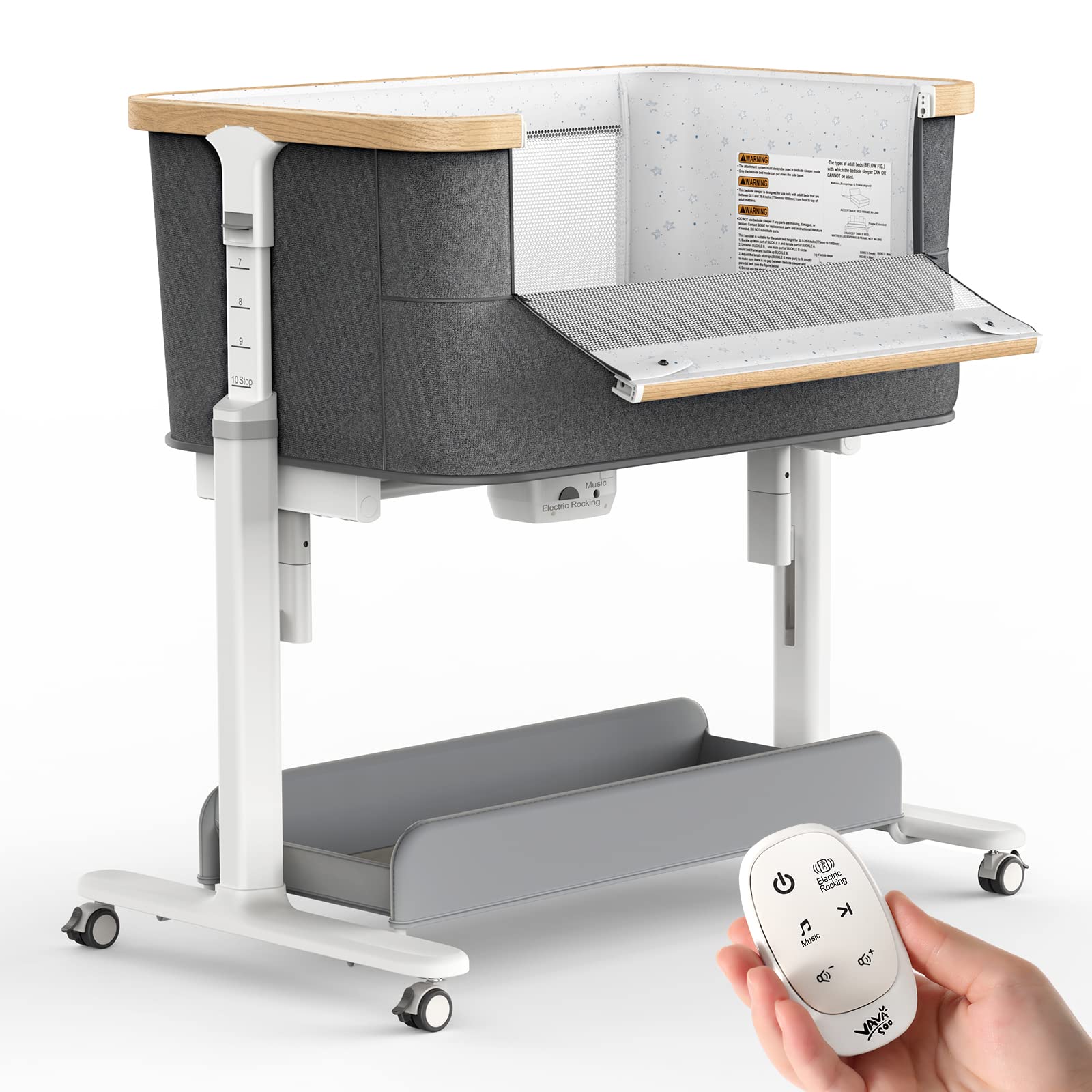 VaVaSoo Electric Rocking Bassinet for Newborns - 10 Height Adjustable Baby Bedside Sleeper with 2 Motion Modes, Dark Grey | Perfect for Nursery, Co-Sleeping & Soothing Fussy Babies