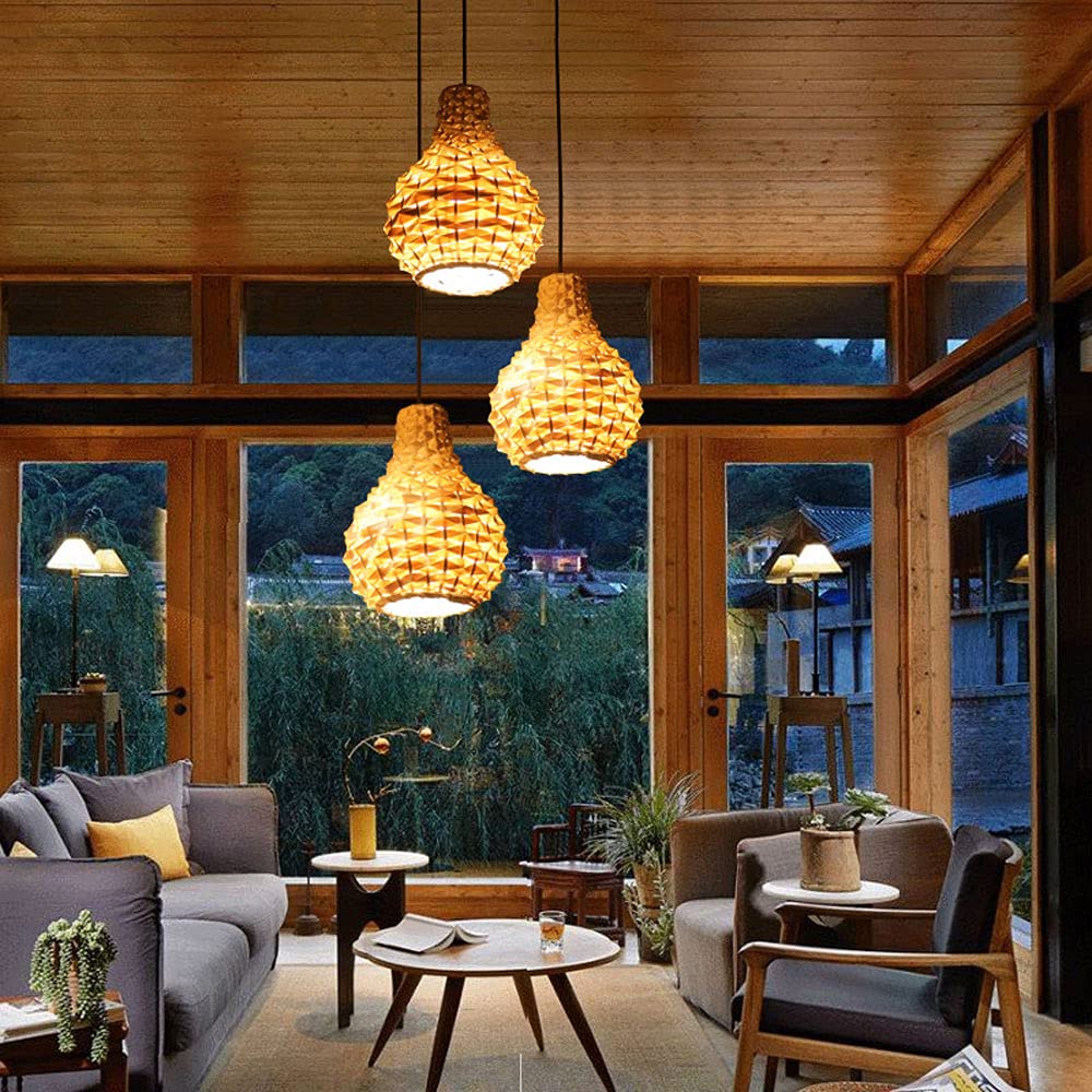 Bamboo Pendant Light with Adjustable Cord - E27 Hanging Lamp for Kitchen Island, Dining Room, Bar & Living Room | Wicker Chandelier with Hollow Lampshade | Perfect for Modern Farmhouse, Cafe & Restaurant Lighting Decor