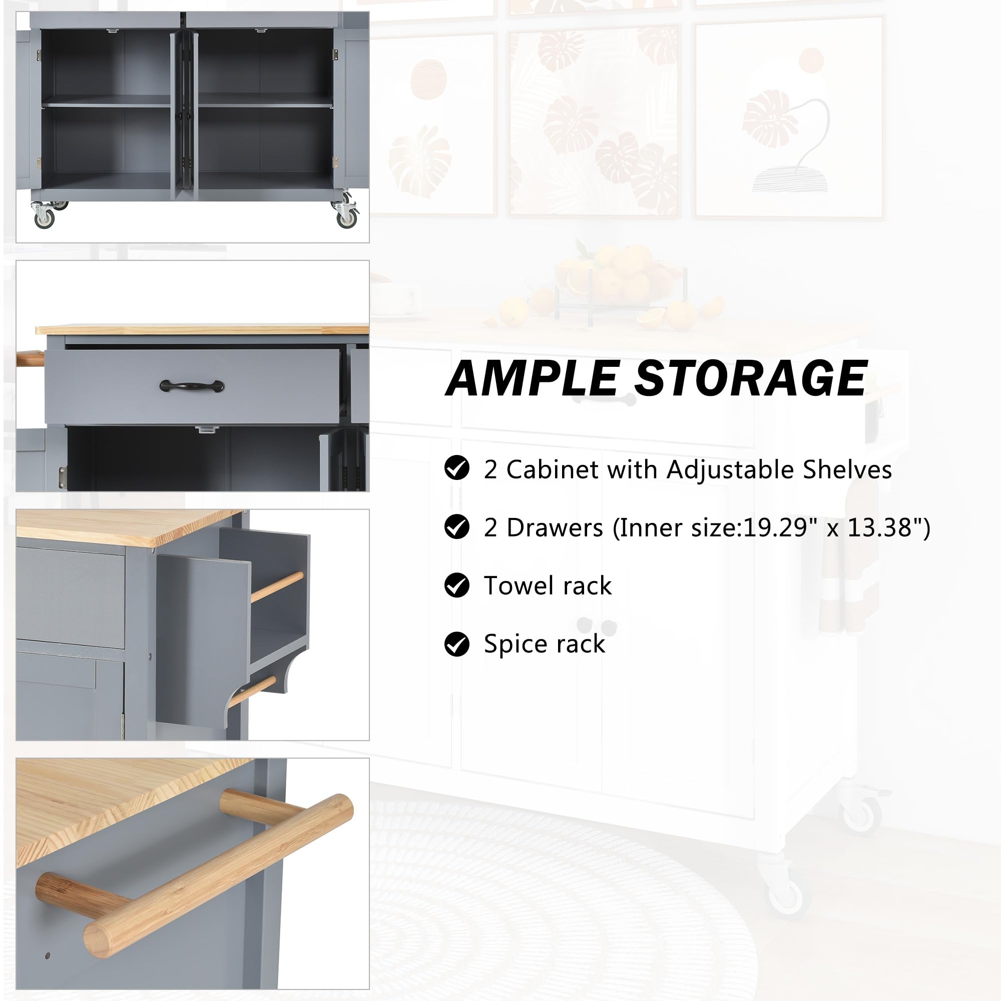 Solid Wood Top Kitchen Island on Wheels with 2 Drawers & Storage Cabinets - Large Rolling Kitchen Cart for Cooking Prep & Entertaining in Dusty Blue - Perfect for Small Kitchens, Dining Areas & Open Concept Living Spaces