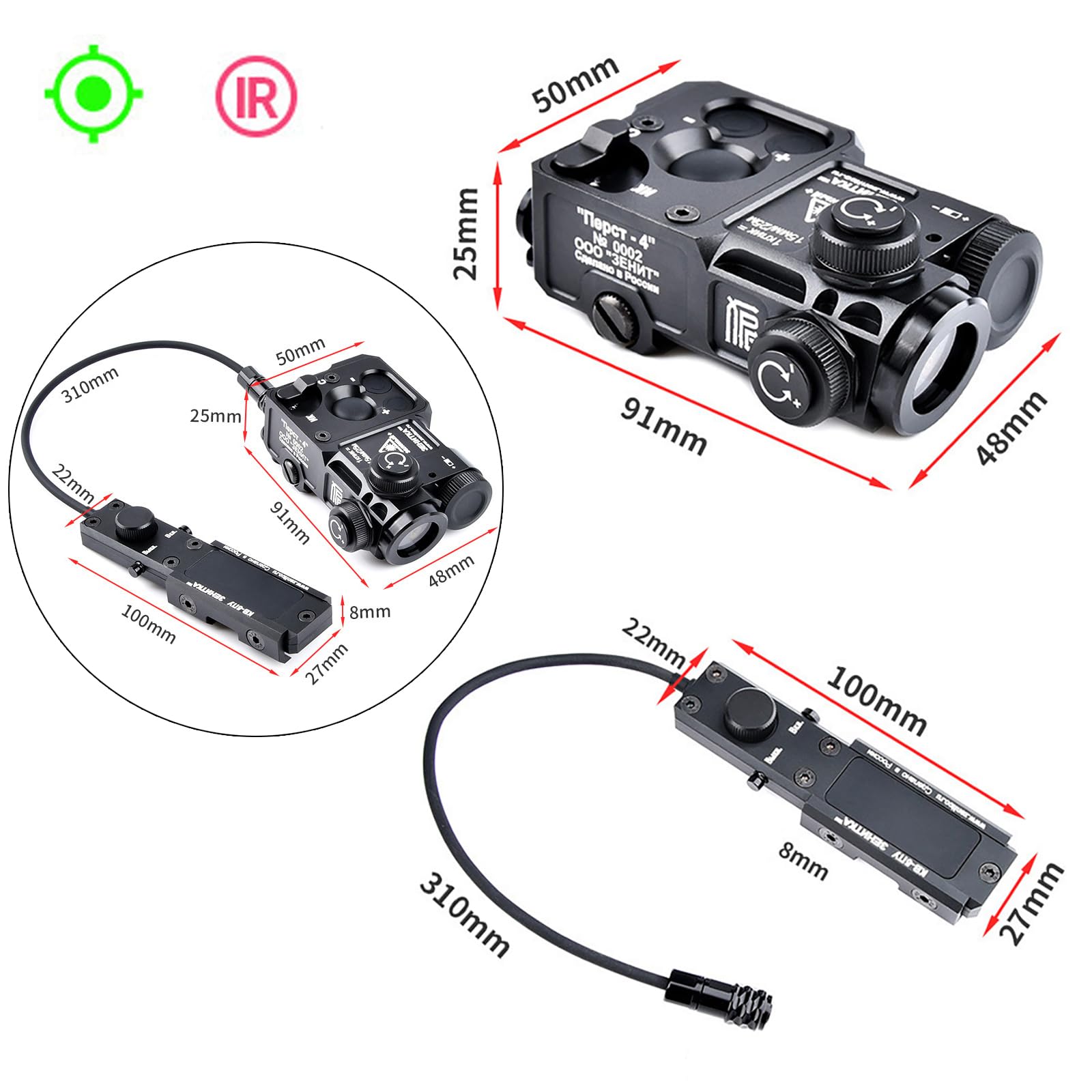 Metal PT-4 Box Red/Green/Blue Laser Sight with IR Laser & Pressure Switch - 4-Level Brightness Adjustment for 20mm Picatinny Rail - Perfect for Tactical Shooting, Hunting & Airsoft Games
