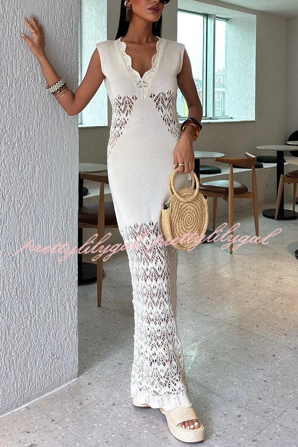 Elegant Solid Color Hollow Knit V-Neck Slim Fishtail Maxi Dress for Women - Perfect for Beach Vacation, Summer Party & Evening Occasions