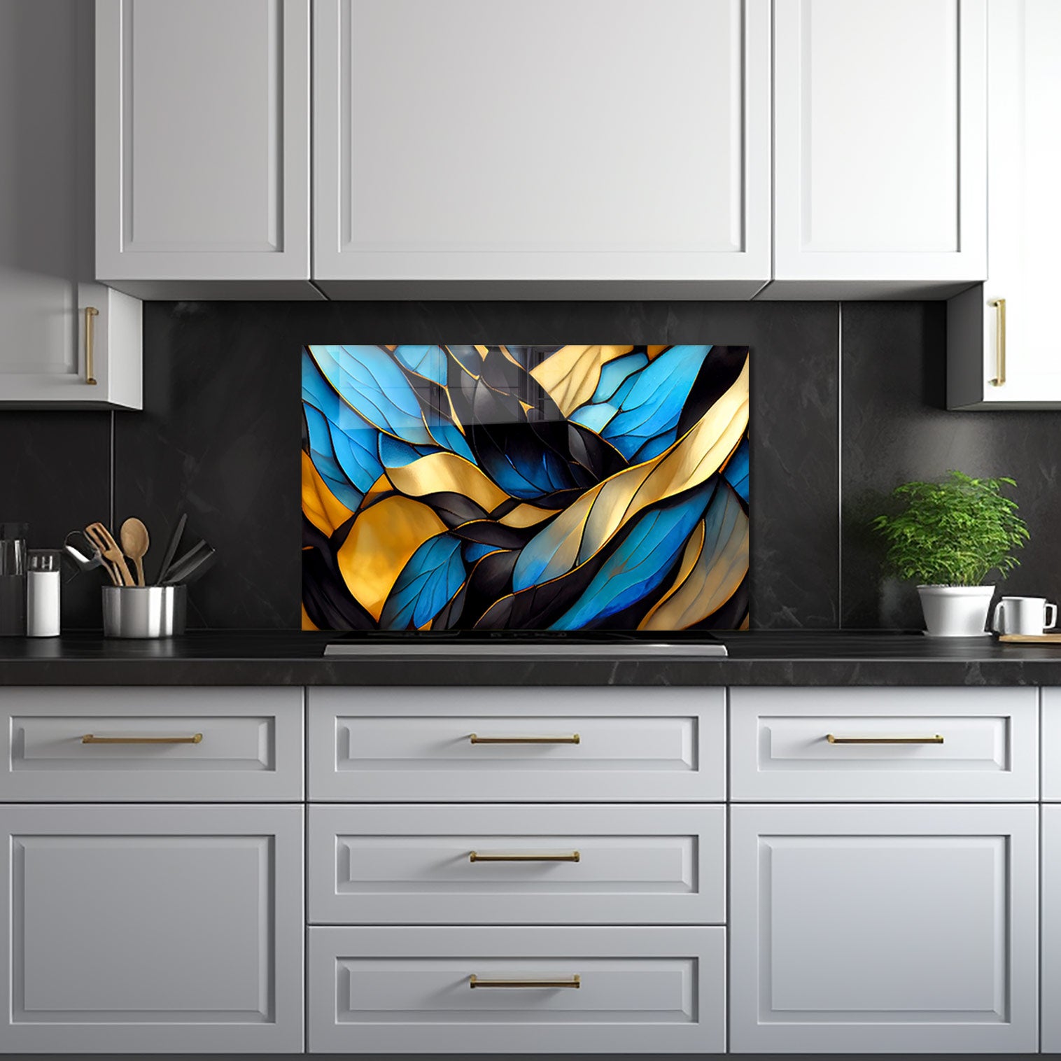 Blue Abstract Waves Glass Splashback - Modern Kitchen Backsplash for Stylish Home Decor | Perfect for Contemporary Kitchens & Bathrooms