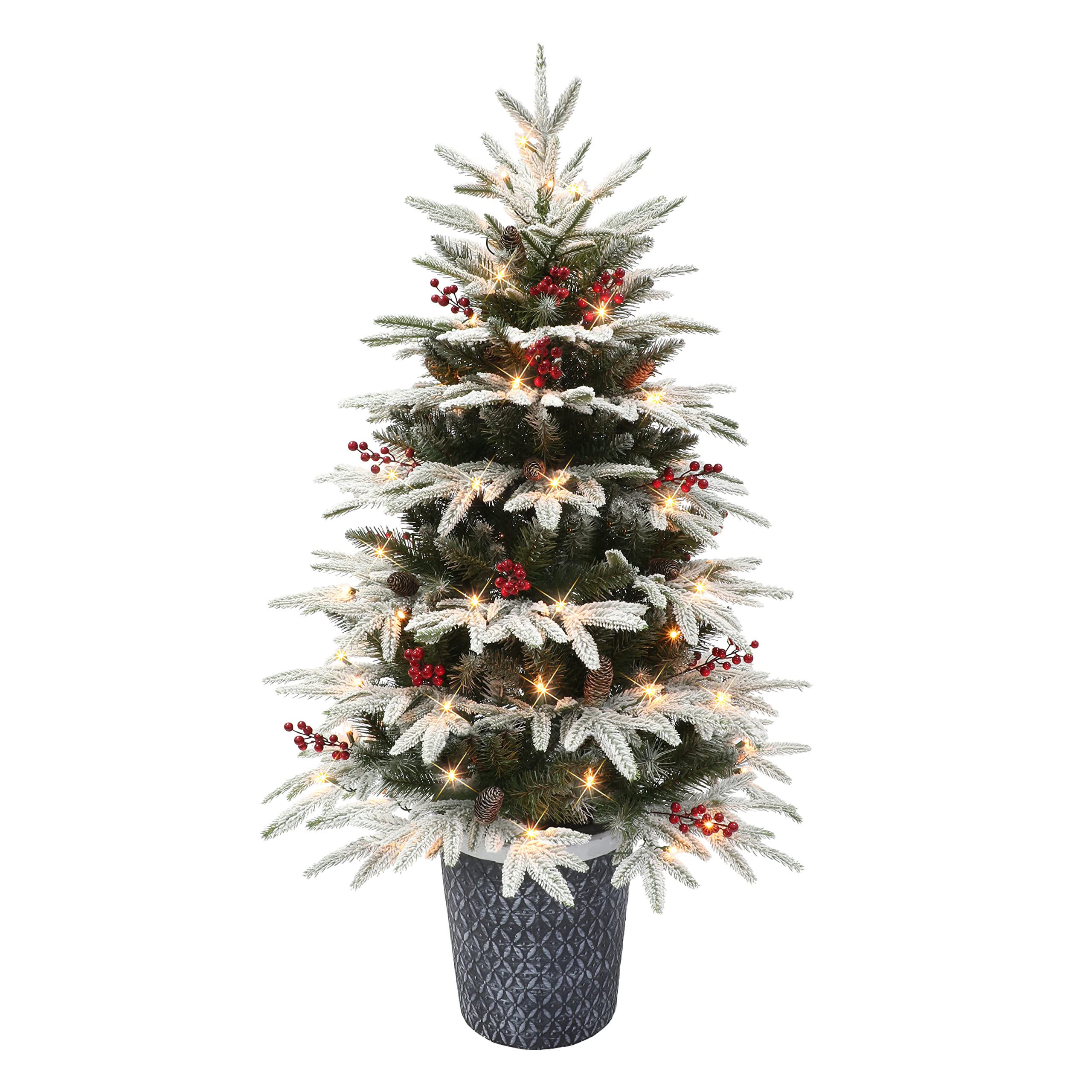 4.5 ft Pre-lit Artificial Christmas Tree with 739 Tips, 70 UL Clear Incandescent Lights, Pine Cones & Red Berries - Flocked Potted Halifax Fir for Holiday Home Decor