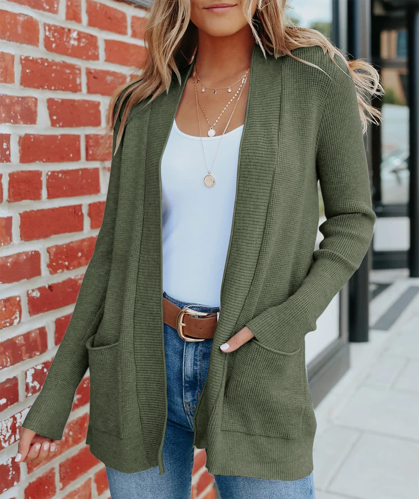 MEROKEETY Women's 2025 Fall Open Front Waffle Knit Cardigan - Long Sleeve Cozy Knit Sweater with Pockets for Casual Outfits & Layering