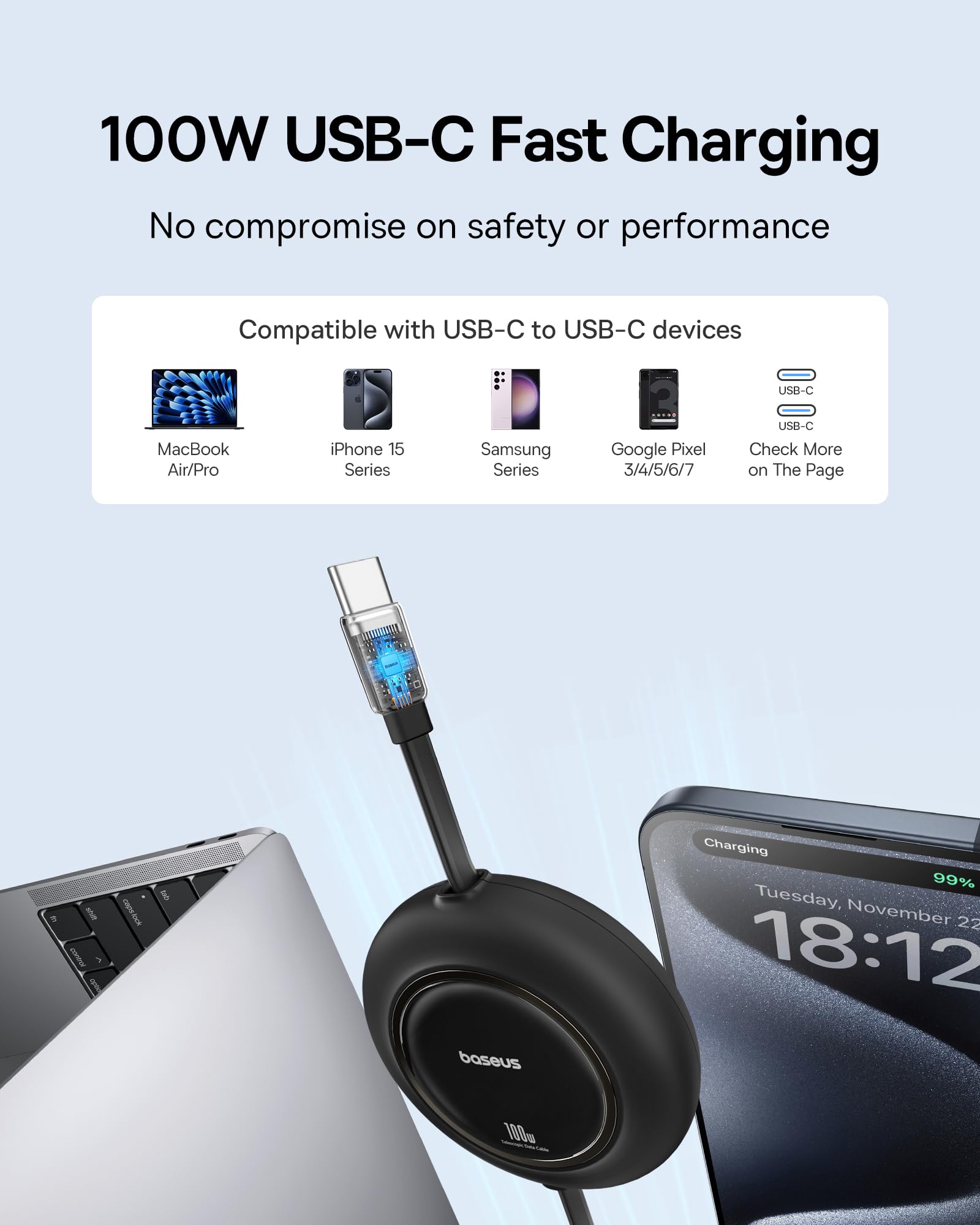 Baseus 100W USB C to USB C Fast Charging Cable 6.6ft Retractable with 7-Stage Length Preset - Compatible with iPhone 16/15 Pro/Pro Max, MacBook, iPad, Samsung Galaxy S24/S23+ - Perfect for Travel, Office & Home Charging