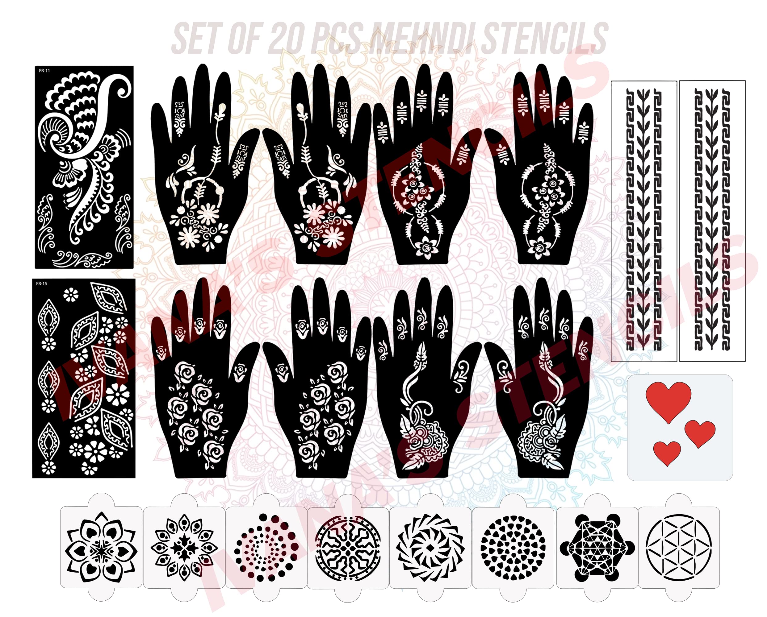 20-Piece Reusable Henna Stencil Kit for Hands - Easy DIY Mehndi Tattoo Stickers for Girls, Women, Kids & Teens | Perfect for Parties, Weddings & Festivals | Design D-2181