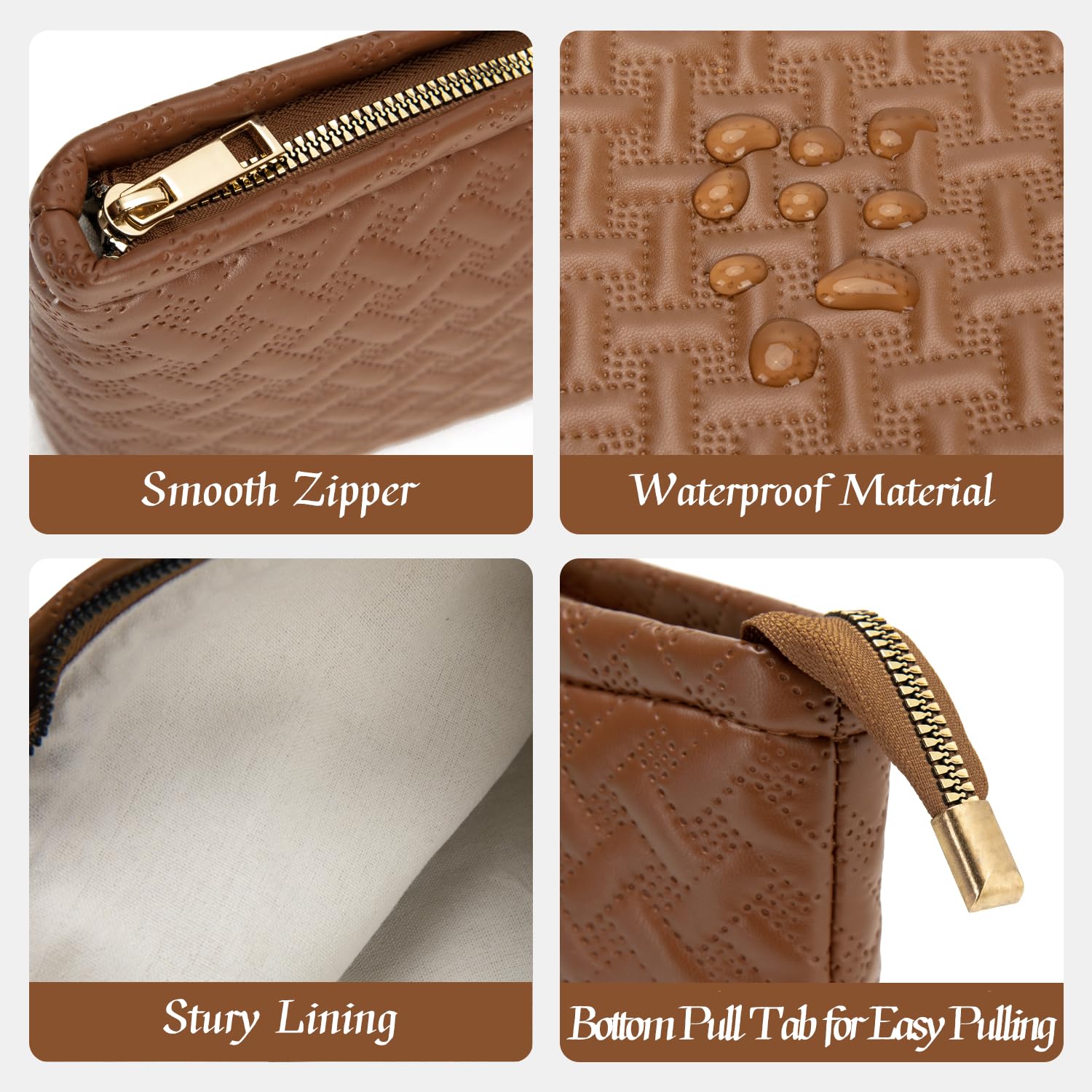 2 Pack Vegan Leather Makeup Bag for Women - Waterproof Travel Cosmetic & Toiletry Organizer with Brush Holder - Perfect for Purse, Gym, Vacation Essentials (Brown)