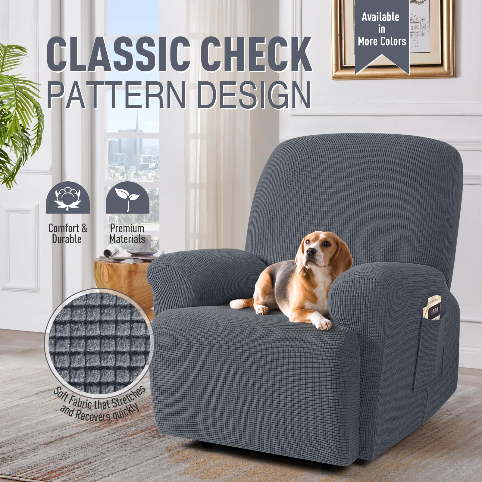 TAOCOCO 4-Piece Stretch Recliner Cover Set - Soft Jacquard Pattern Slipcover for 1-Seater Sofa & Chair Protector (Grey) | Perfect for Living Room Furniture Protection & Home Decor Upgrade