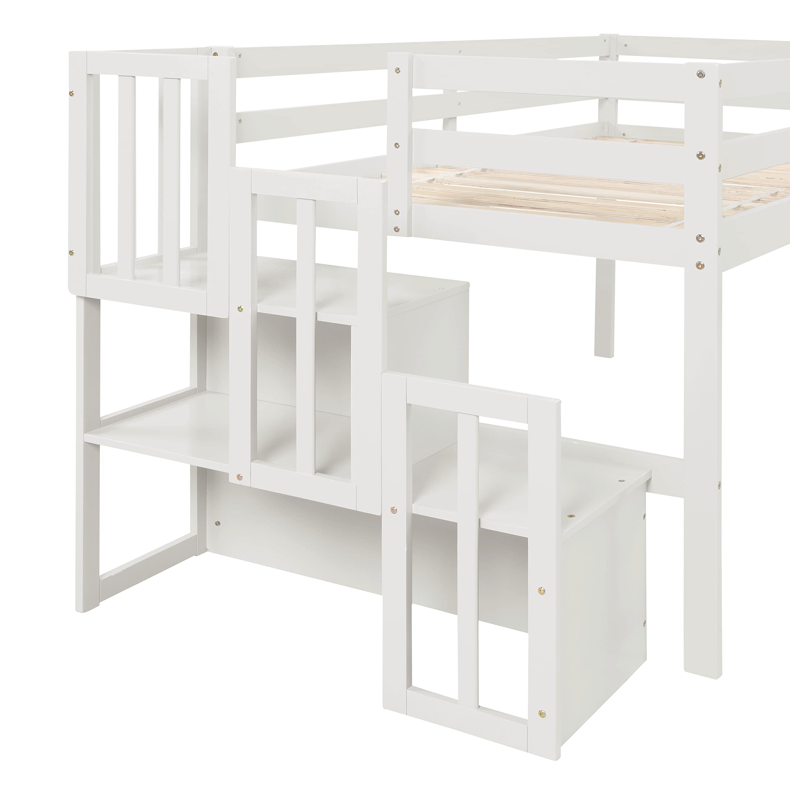 Twin Size Low Loft Bed with Stairs - Kids Wooden Loft Bed Frame with Storage Staircase for Boys & Girls - White - Perfect for Small Bedrooms, Dorm Rooms & Kids' Spaces