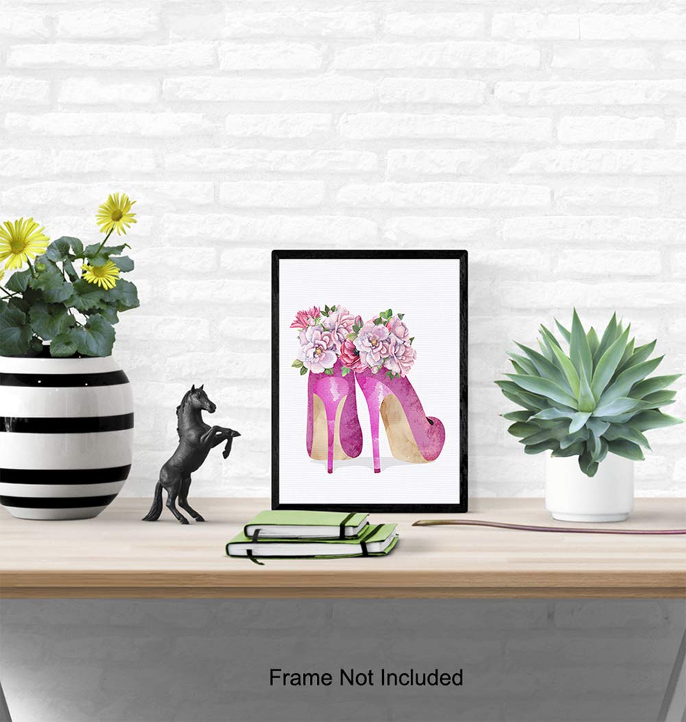 Glam Wall Decor - Fashion Wall Art Poster for Women & Girls - High Fashionista Luxury Print - Pink Couture High Heel Shoes - Perfect for Bedroom & Living Room Decoration