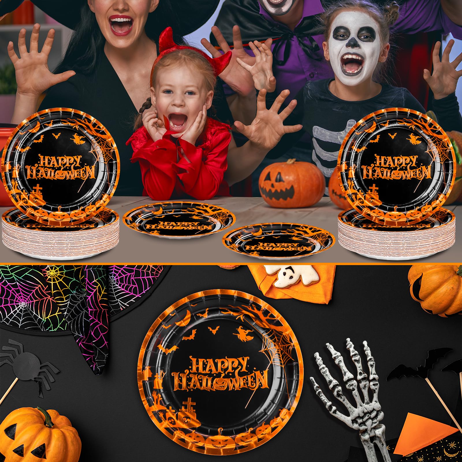 Halloween Party Plates 9 Inch - 50 Pcs Orange Gold Foil Pumpkin Cemetery Bats Disposable Paper Dinner Plates for Halloween Decorations & Party Supplies | Perfect for Spooky Dinner Parties, Trick-or-Treat Events & Haunted House Decor