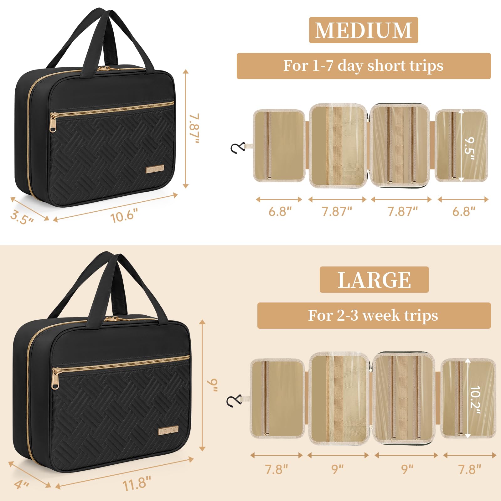 Waterproof Hanging Travel Toiletry Bag for Women & Men - Spacious Makeup Organizer with Hook, Perfect for Bathroom, Gym, Camping & Airplane Carry-On (Medium, Black)