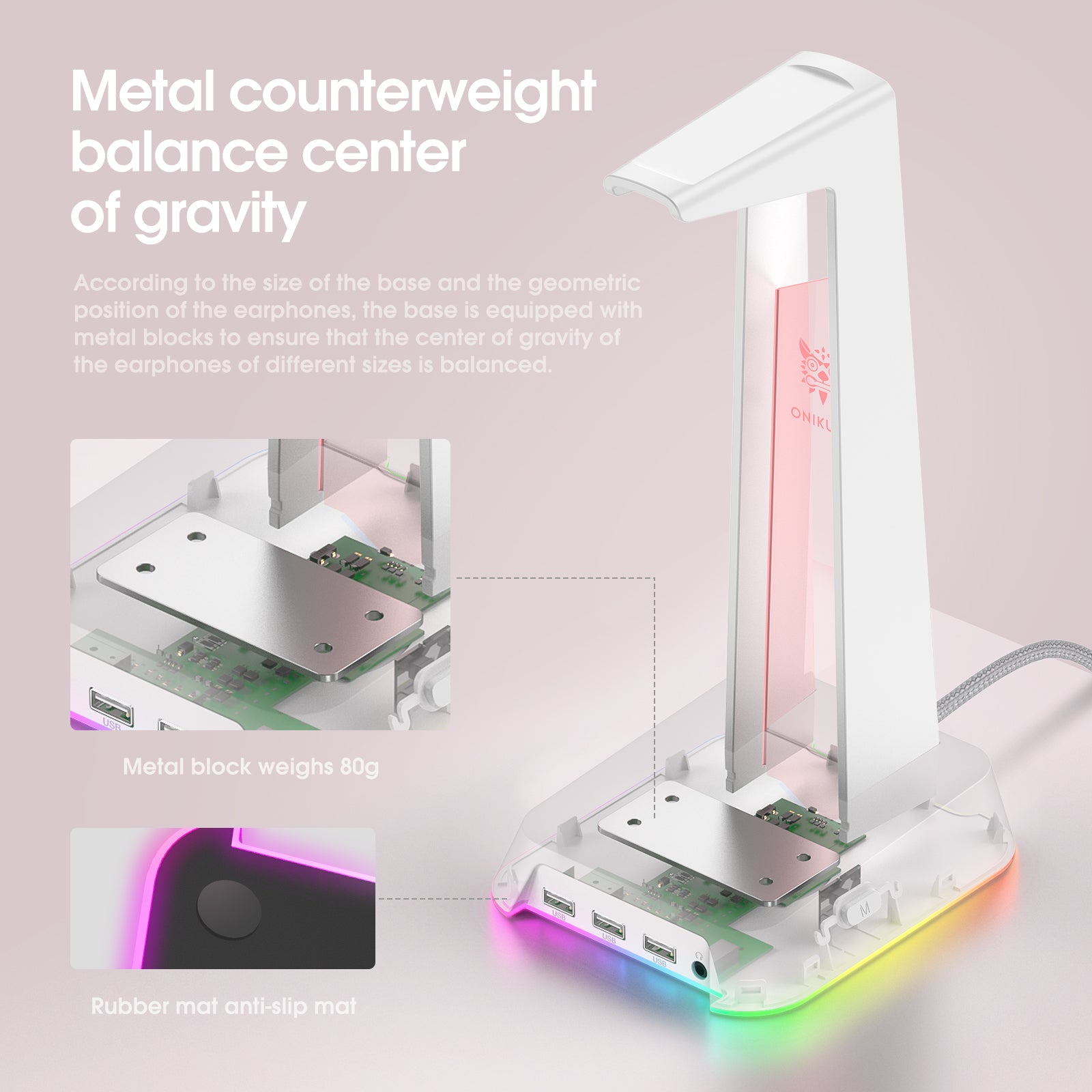 ONIKUMA ST2 RGB Gaming Headphone Stand with 3 USB Ports & 3.5mm AUX Jack - Perfect for PC Gaming Setup, Streaming Studio & Office Workspace