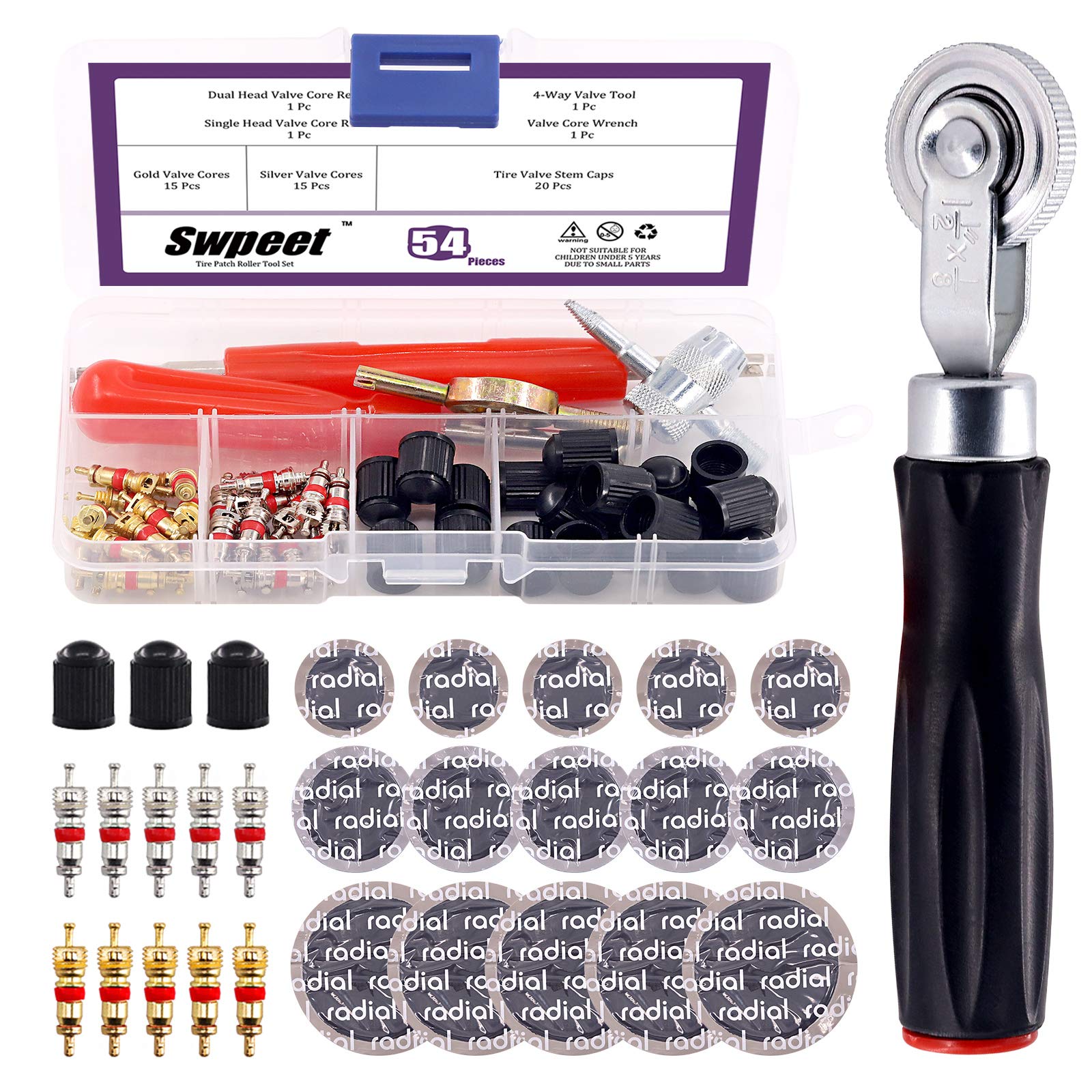 Swpeet 70Pcs Tire Repair Kit - Tire Patch Roller Tool, Valve Stem Cores & Caps, 4-Way Valve Core Tool with Dual/Single Head Remover & Puncture Patches for Car, Bike & Motorcycle Tire Maintenance
