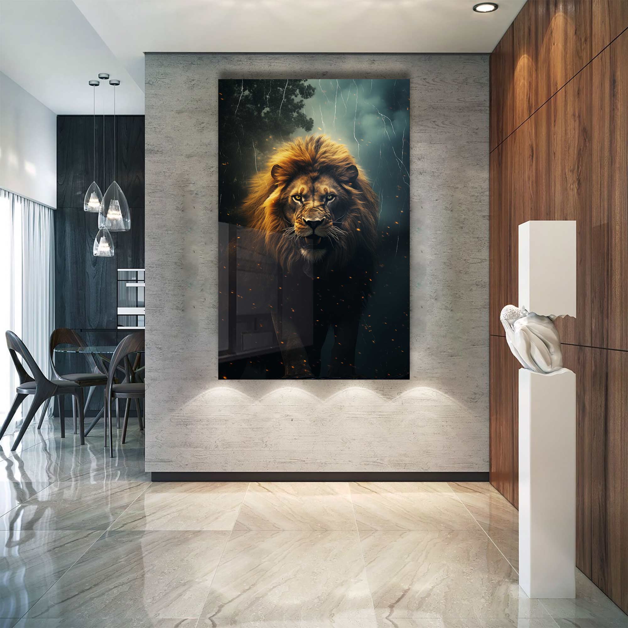 Premium Hunting Lion Tempered Glass Wall Art - Shatterproof & Durable Decor for Living Room, Bedroom, or Office