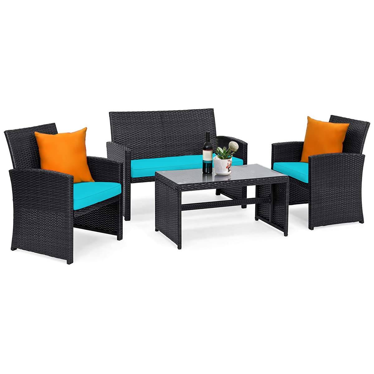 COSTWAY 4-Piece Outdoor Rattan Patio Furniture Set with Cushions & Glass Coffee Table - Wicker Sofa Conversation Set for Backyard, Porch, Garden, Lawn (Turquoise) | Perfect for Relaxing, Entertaining & Outdoor Dining