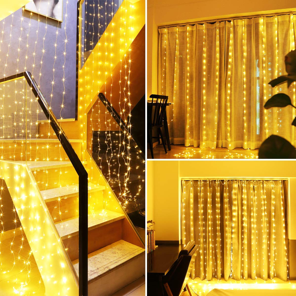 2M x 2M LED Curtain Lights with Remote - 204 Warm White Waterproof Fairy Lights for Windows, Rooms, Christmas Gazebo & Backdrop Decor - Mains Powered Linkable Hanging Lights for Indoor/Outdoor Use