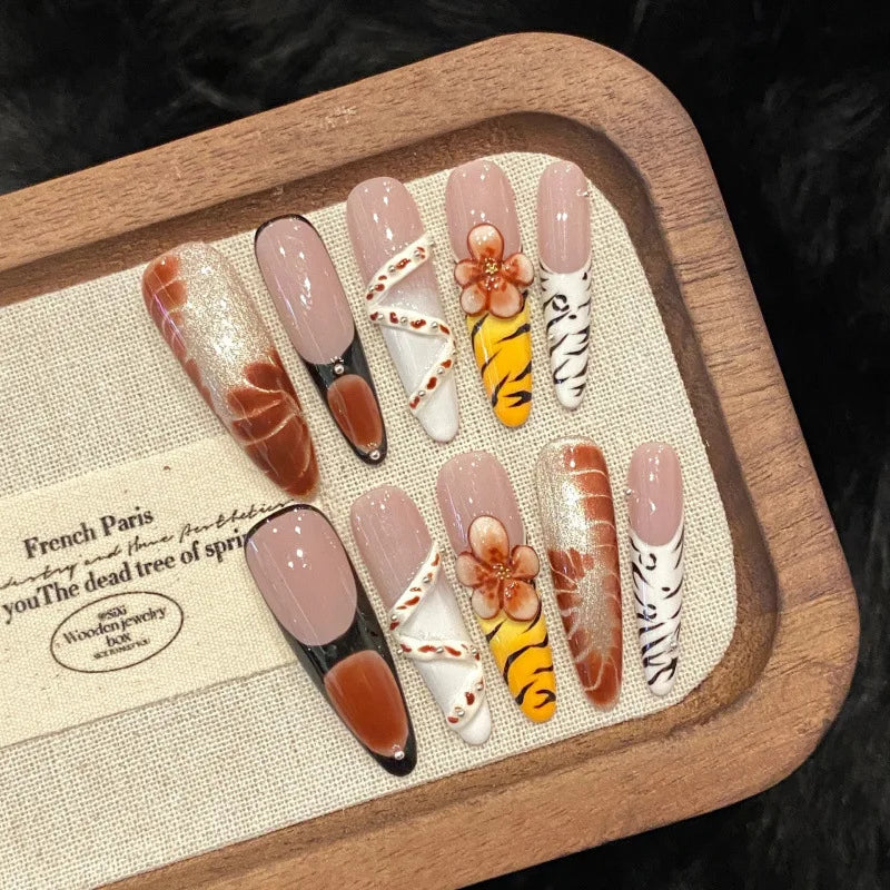 10Pcs Press on Fake Nails - Full Cover Leopard Print & Floral Design - Long Stiletto Almond Shape - Easy to Apply Manicure Tips for Women | Perfect for Parties, Weddings, Date Nights & Special Occasions