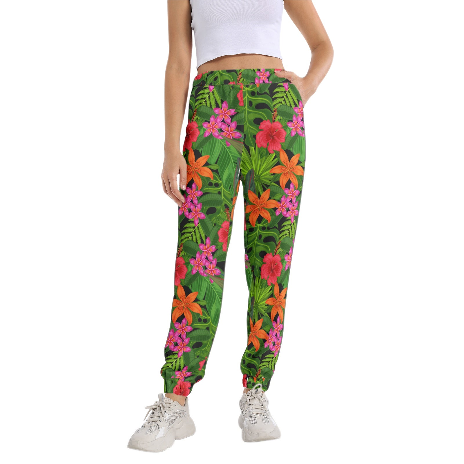 Floral Tropical Print Sweatpants for Women - Elastic Waistband & Tapered Ankle Design - Perfect for Yoga, Lounging & Casual Wear