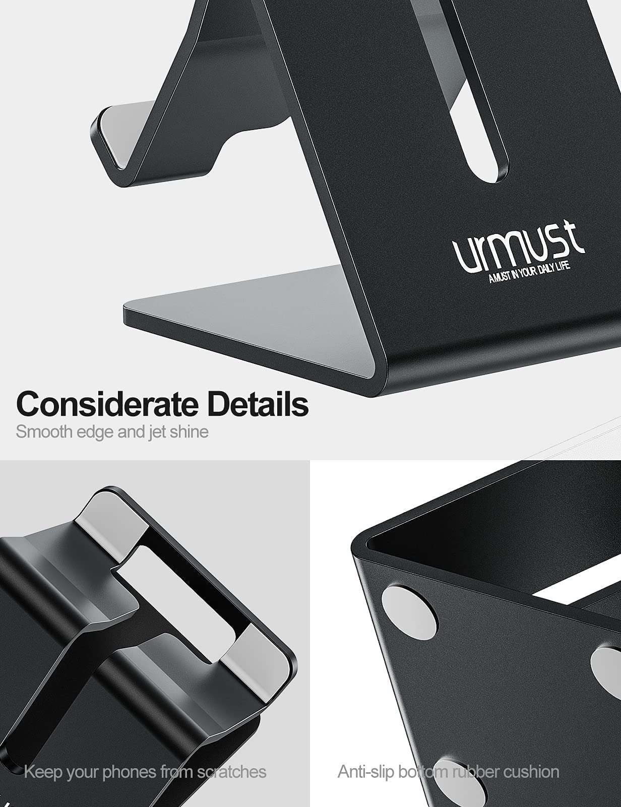 Urmust Adjustable Angle Phone Stand - Black | Universal Smartphone Holder for Desk, Bed, Car & Office | Perfect for Video Calls, Watching Movies & Hands-Free Use