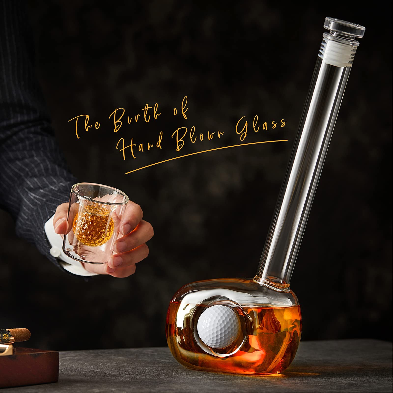 Premium Golf Whiskey Decanter Set with 4 Golf Ball Shot Glasses - 750ml Glass Liquor Dispenser for Bourbon, Scotch, Vodka & Tequila - Unique Golf Gifts for Men - Perfect for Father's Day, Birthday & Golf-Themed Parties
