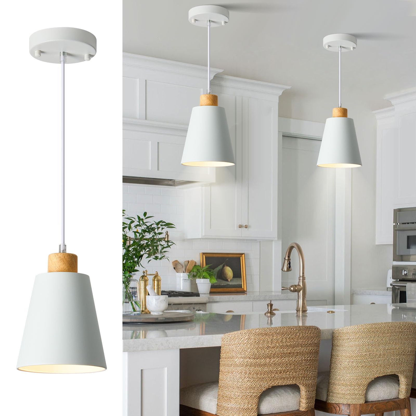 Modern White Wood Pendant Light - 5.94 Inch Adjustable Hanging Light Fixture for Kitchen Island, Dining Room, Bar & Bedroom | Mini Contemporary Ceiling Lighting for Home Decor, Restaurants and Cafes