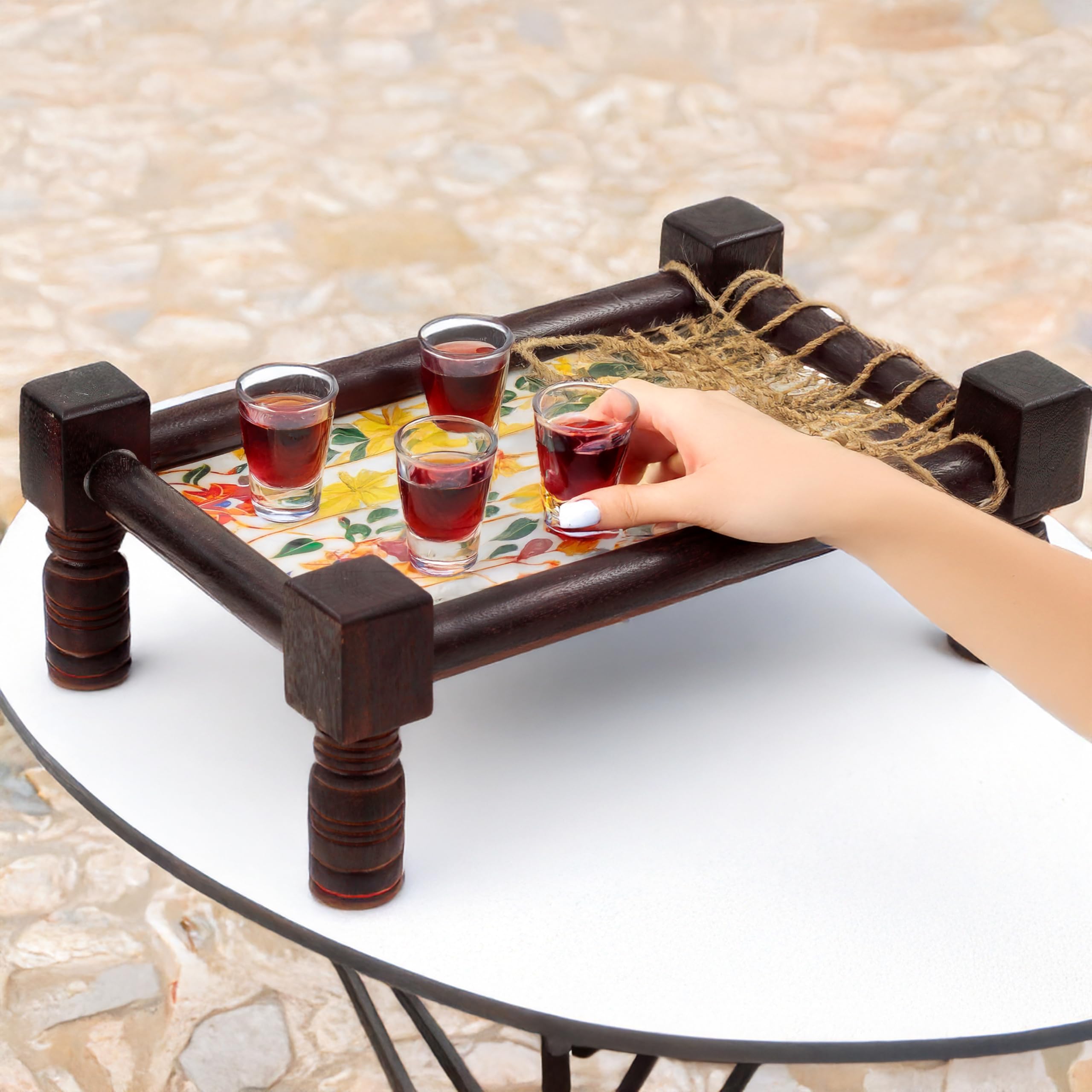 Traditional Asian Wooden Snack Tray with Floral Red Design - Handcrafted North Indian Decorative Serving Tray for Tea, Coffee & Appetizers - Perfect for Home Decor, Parties and Gift Giving