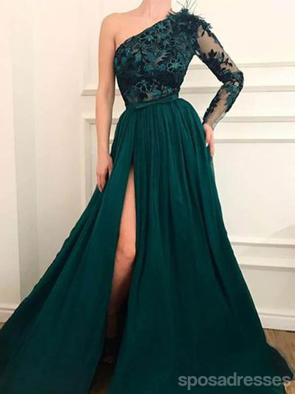 Emerald Green One Shoulder A-Line Prom Dress with Long Sleeves & High Slit - Elegant Evening Gown for Homecoming, Formal Events & Special Occasions