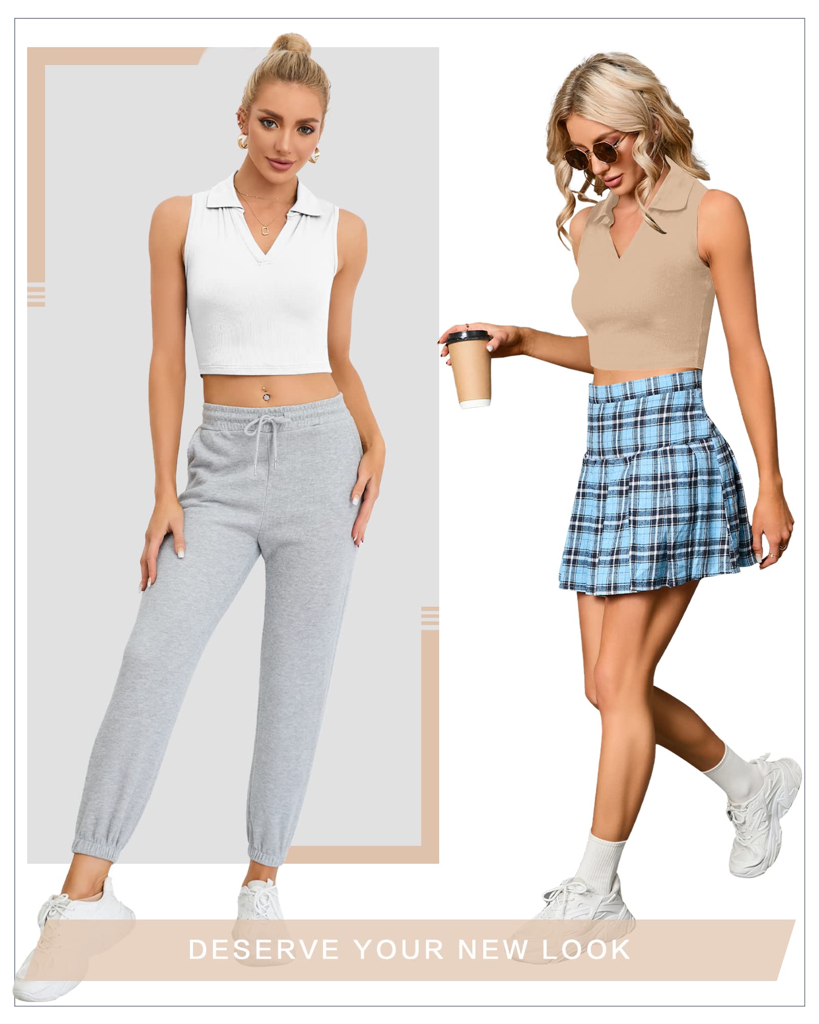 CLOZOZ Women's Polo Crop Top - V Neck Ribbed Sleeveless Collar Shirt, Trendy Summer Casual Wear for Outfits, Gym, Beach & Daily Fashion