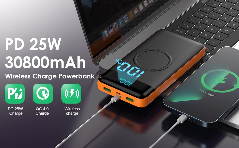 30800mAh Wireless Portable Charger with 15W Wireless & 25W PD QC4.0 Fast Charging | Smart LED Display | 4 Outputs & 2 Inputs USB-C Power Bank | Compatible with iPhone Samsung Galaxy | Perfect for Travel Camping & Emergency Charging - Orange