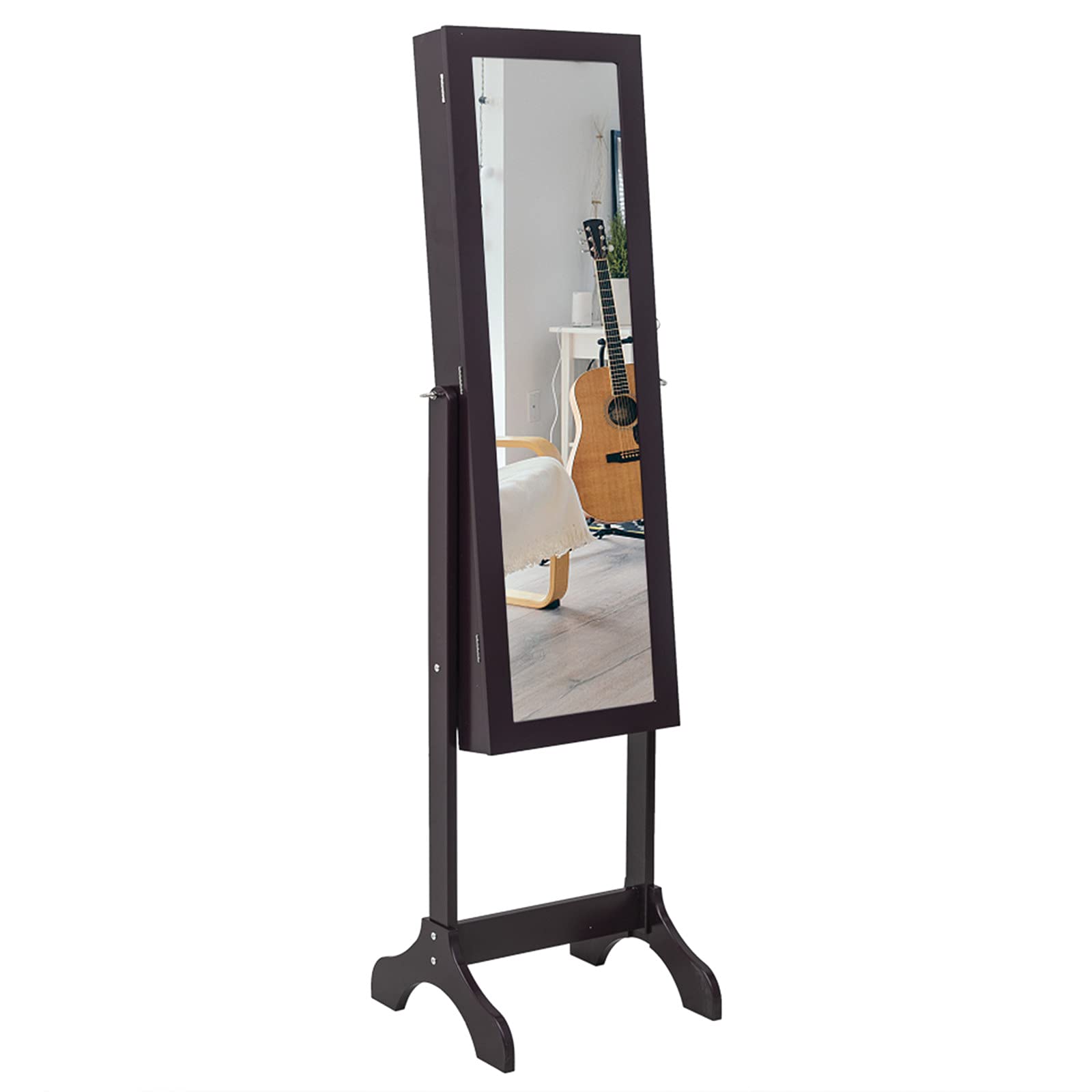 Keseno Large Capacity Wooden Floor Shelf with Mirror - 4-Tier Storage Organizer, 2 Drawers & 8 Blue LED Lights for Jewelry - Adjustable Mirror Cabinet for Bedroom, Living Room or Clothing Store (Dark Brown) - Perfect for Jewelry Organization, Home Decor & Retail Display