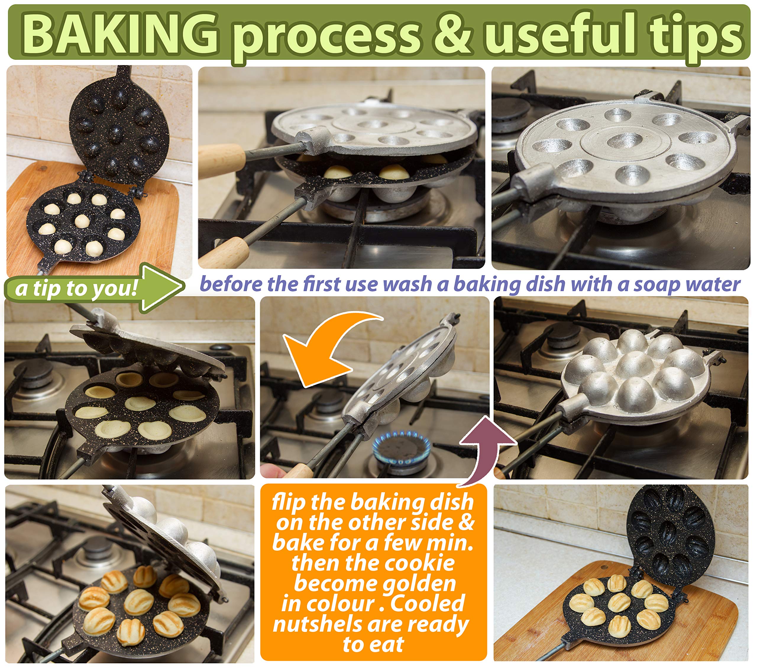 Non-Stick Granite Walnut Cookie Mold Maker - Oreshki Mold for Baking Nut Cookies - Perfect for Russian Tea Cakes, Holiday Treats & Homemade Desserts