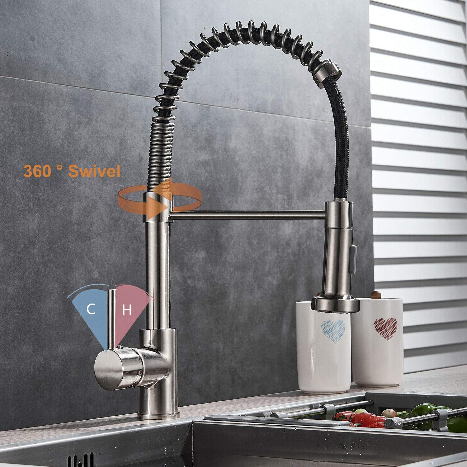 NWC Brushed Nickel Pull Down Kitchen Faucet with Deck Plate - Modern Single Handle Sink Faucet for Home, Restaurant & Commercial Use