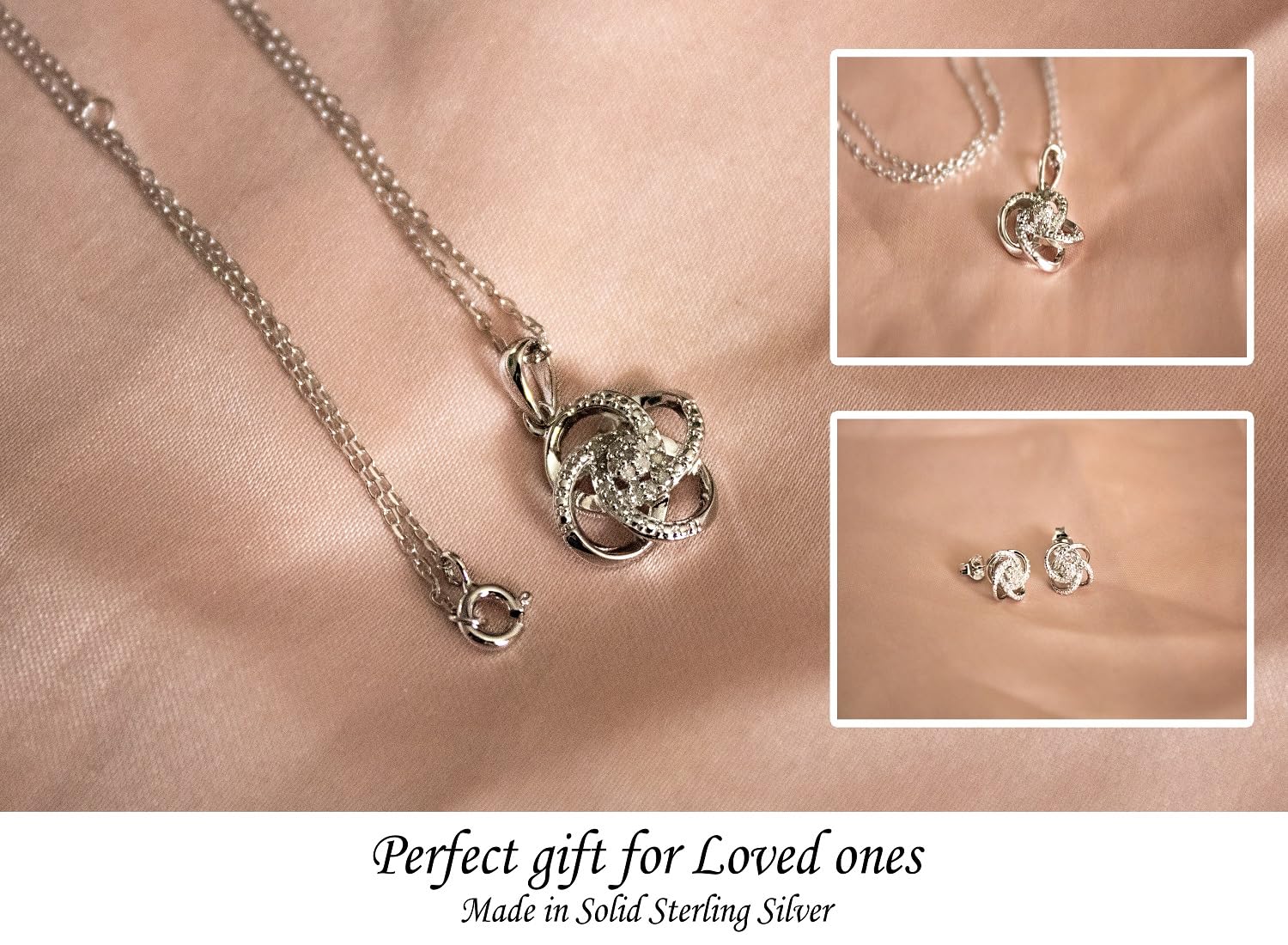 925 Sterling Silver 1/4 CT Diamond Love Knot Necklace & Earrings Set for Women - Valentine's Day Jewelry Gift - 18