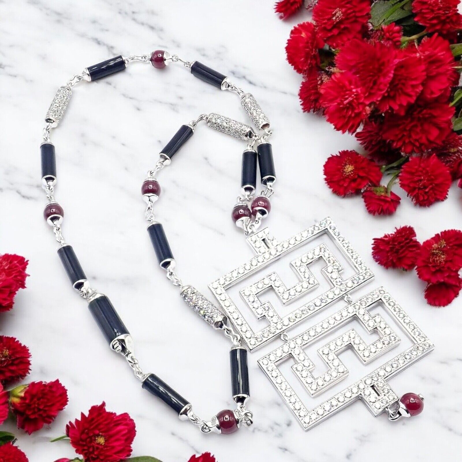 Cartier Le Baiser Du Dragon 18k White Gold Onyx Ruby Diamond Pendant Necklace - Luxury Jewelry Gift for Women, Perfect for Anniversaries & Special Occasions